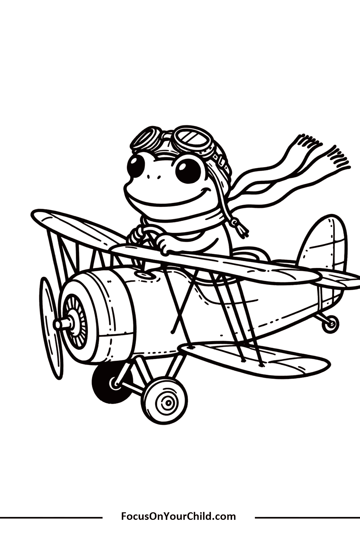 Adventurous frog pilot flying a vintage biplane in a charming cartoon illustration.