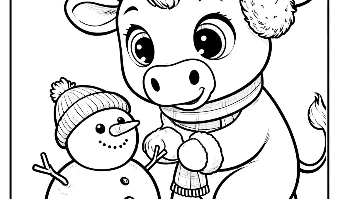 Charming winter scene with cow and snowman in snow.