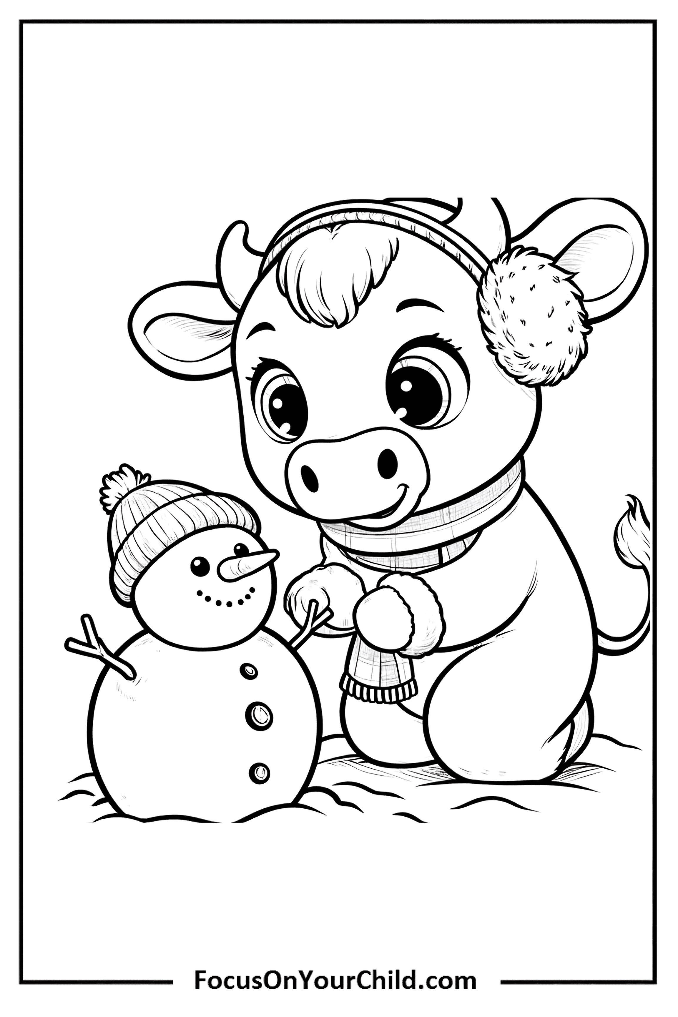 Charming winter scene with cow and snowman in snow.