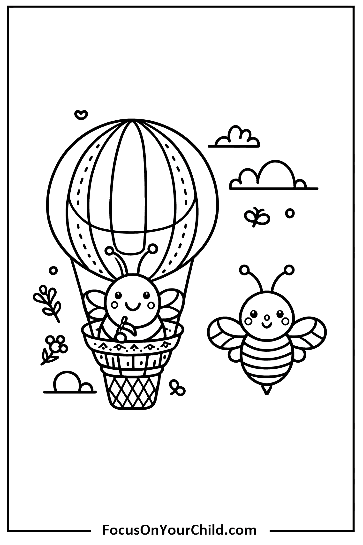 Two bees enjoying a whimsical hot air balloon ride in a child-friendly scene.