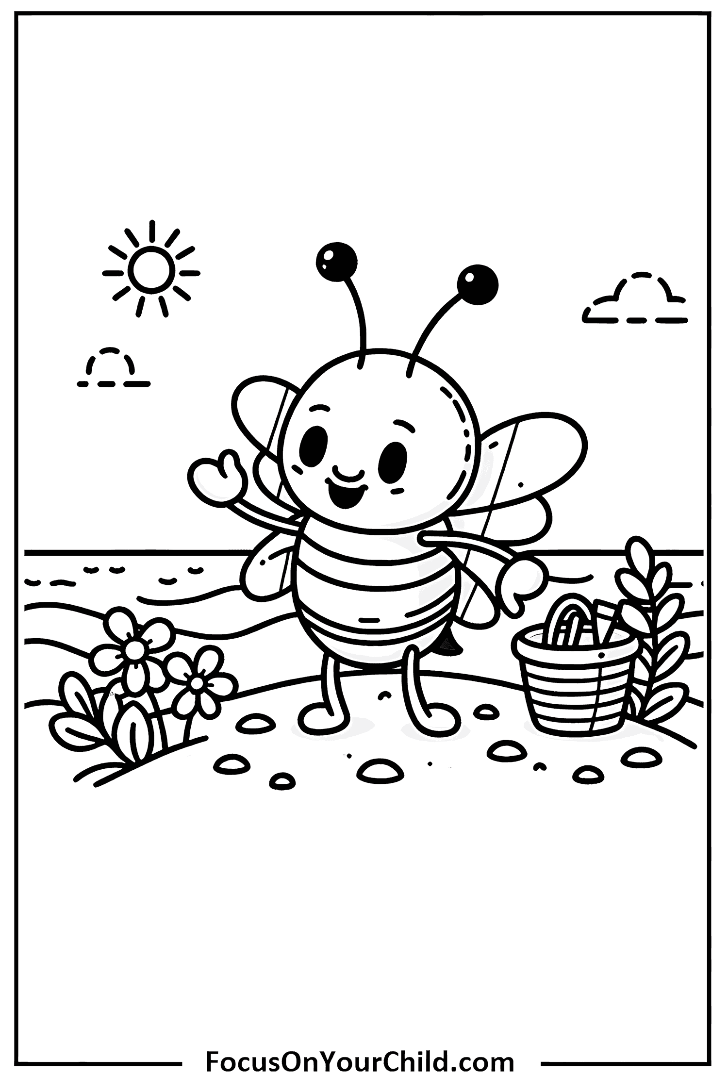 Cheerful cartoon bee enjoying a sunny day in a garden.