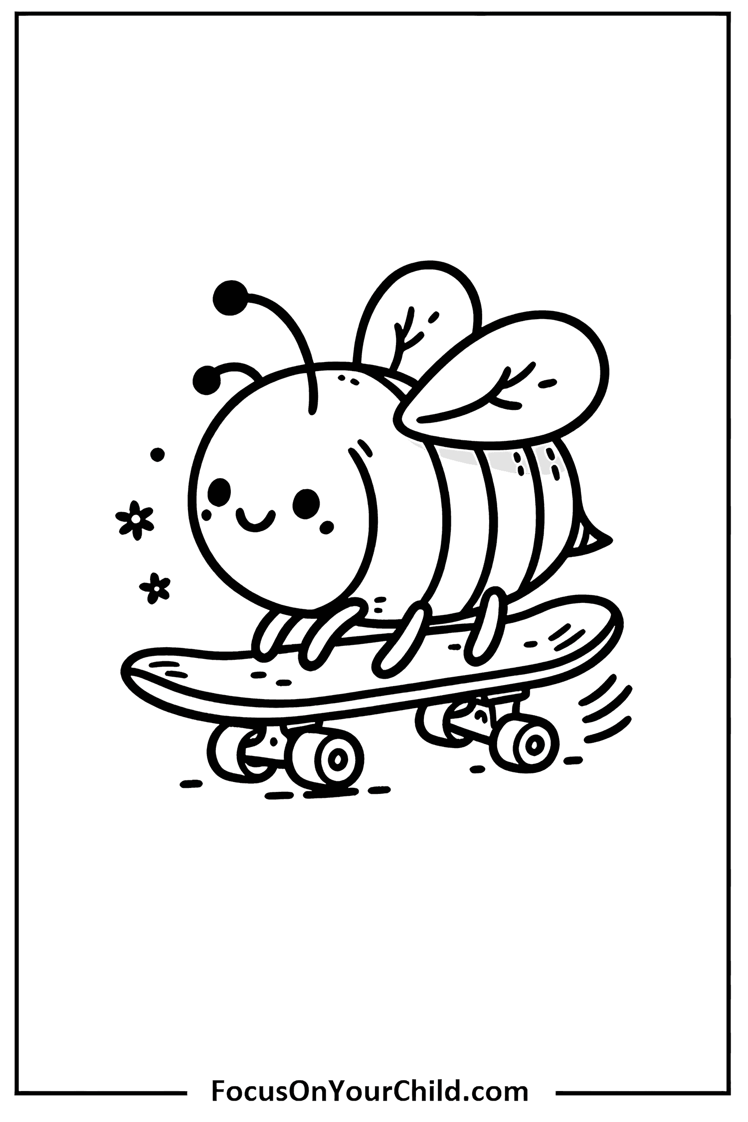 Cartoon bee riding skateboard, whimsical black and white line drawing for kids.