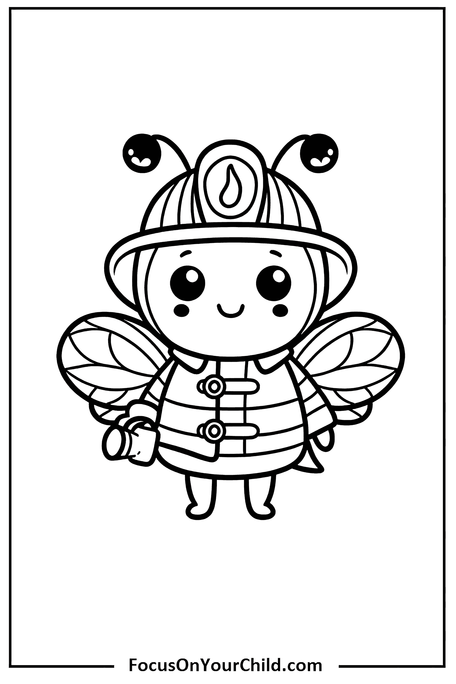 An adorable bee firefighter holding a honey pot against a white background.