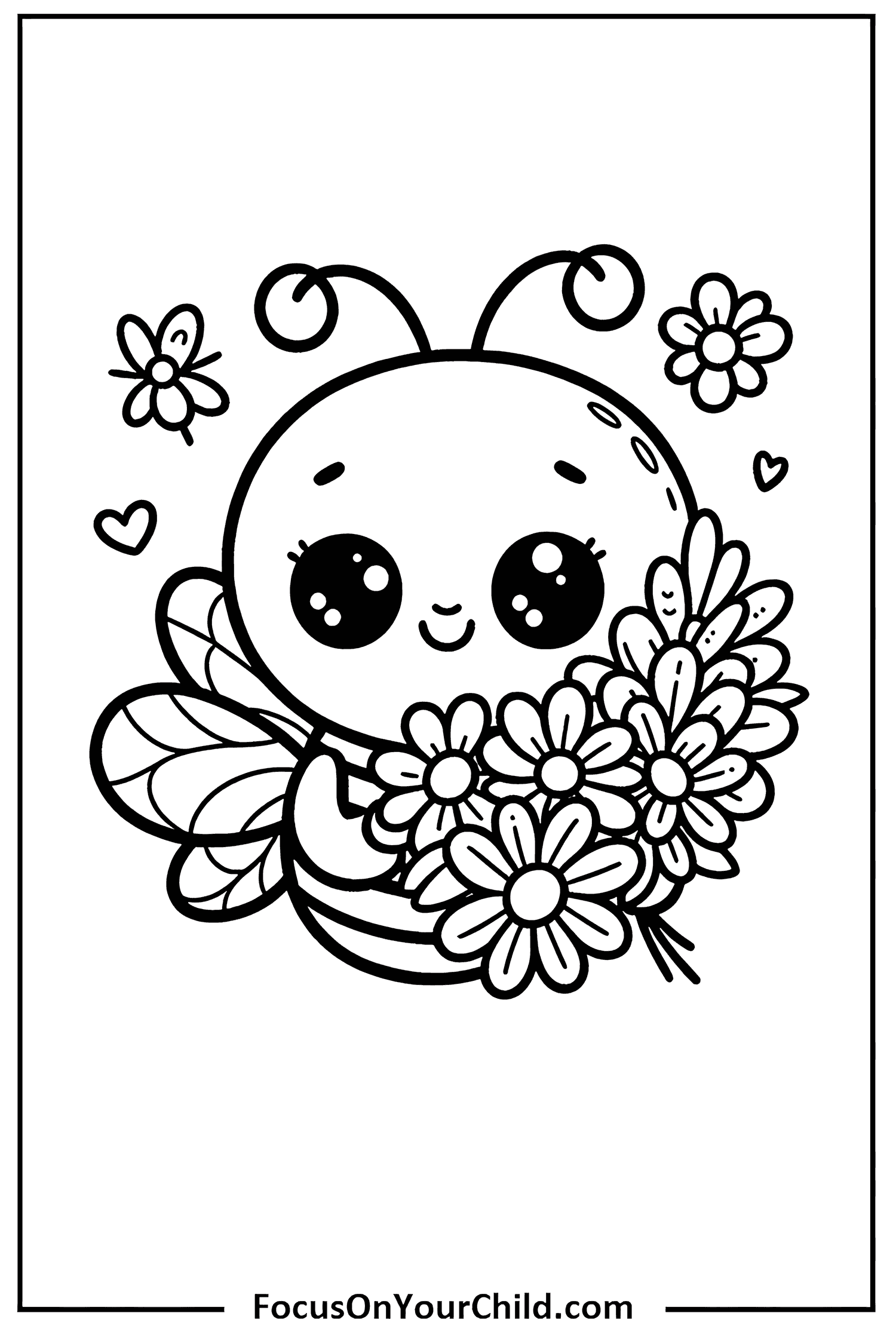Happy bee holding flowers in a cute coloring page for children.