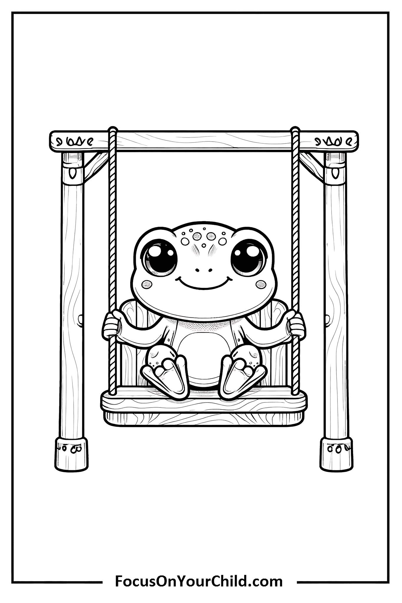 Adorable frog character sitting on wooden swing, perfect for child-friendly activities.