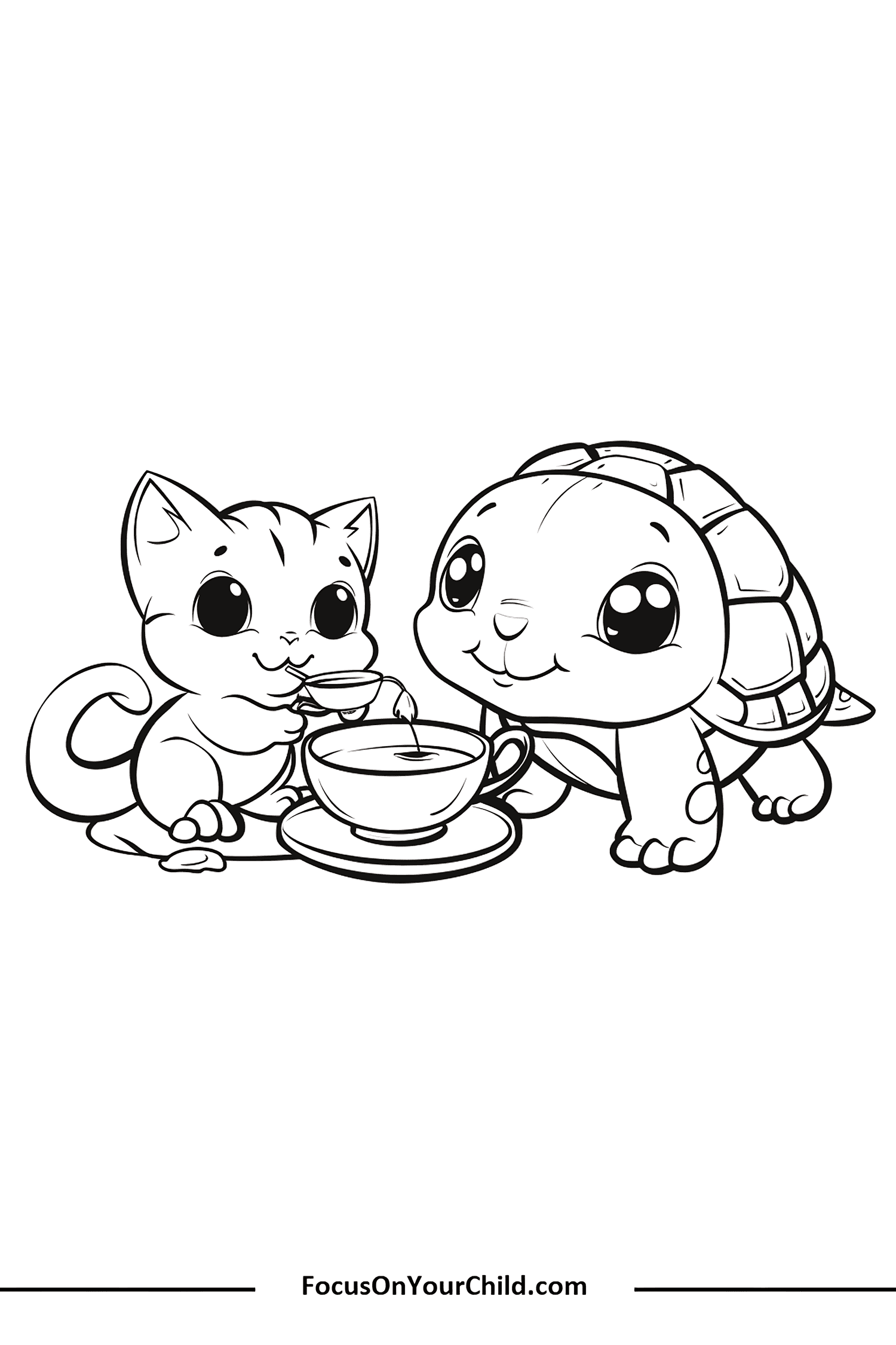 Adorable kitten and turtle enjoying a tea party together in a heartwarming illustration.