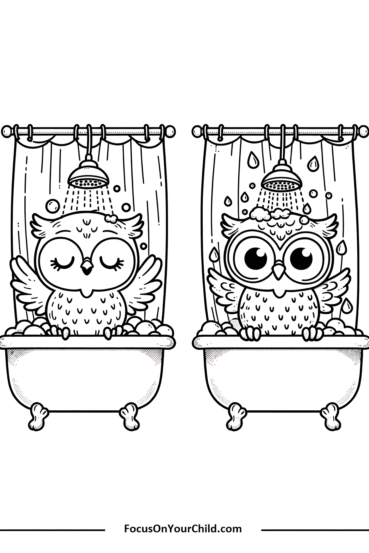 Adorable owls bathing in vintage bathtubs filled with bubbles, enjoying a shower.