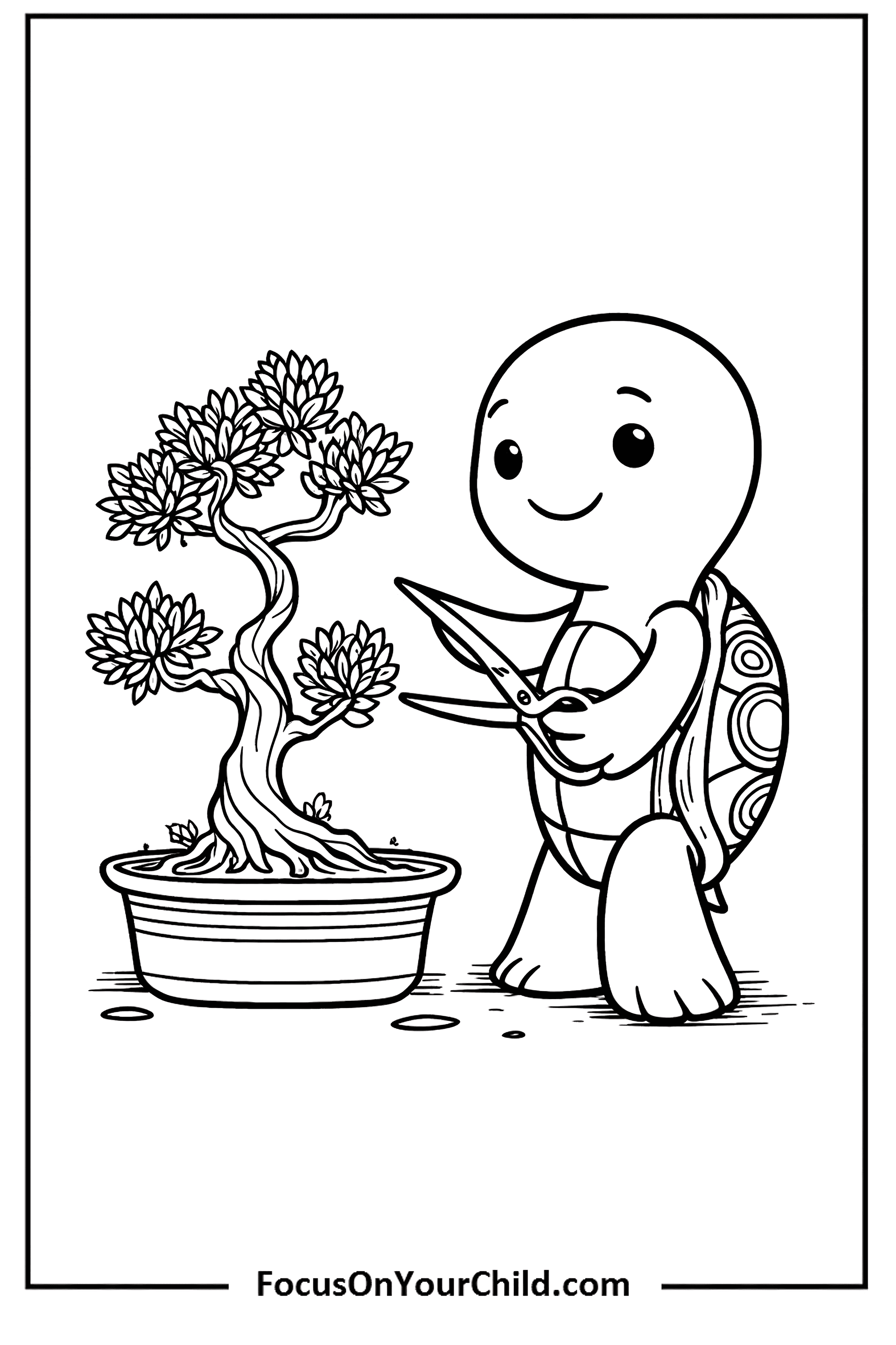 Adorable turtle pruning bonsai tree in charming black-and-white line drawing.
