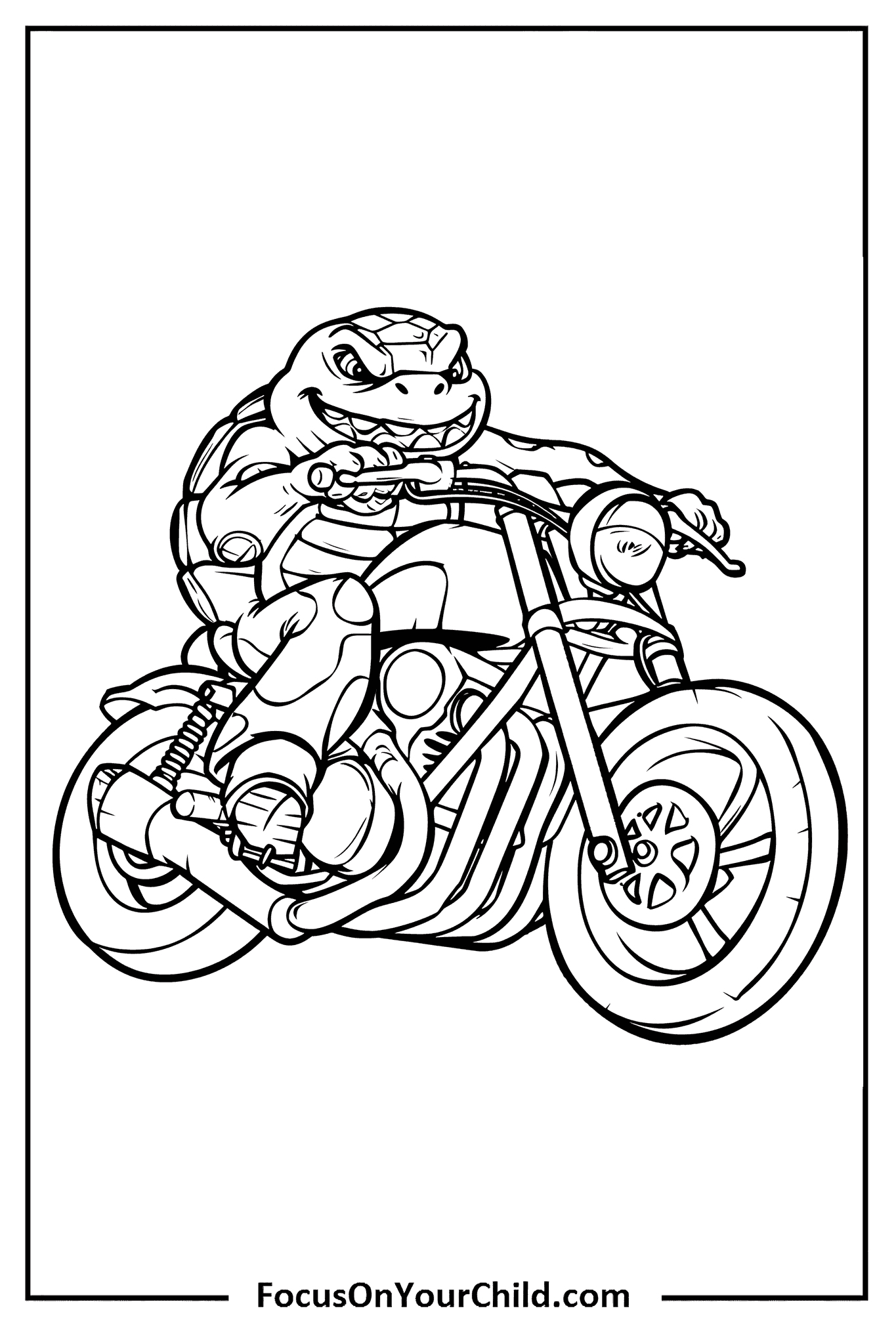Adventurous turtle riding motorcycle in detailed black-and-white line drawing.