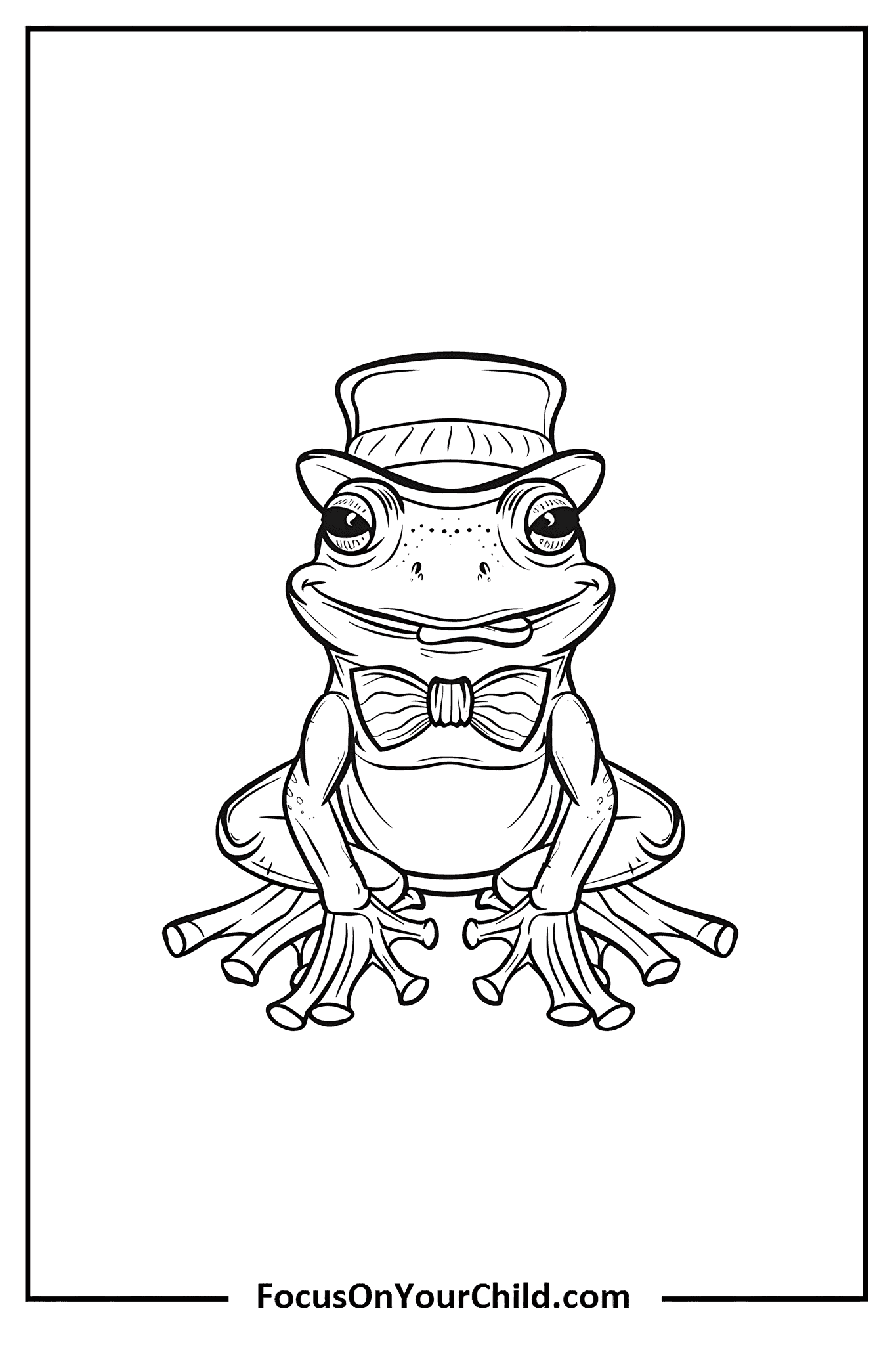 Anthropomorphized frog in top hat and bow tie, sitting elegantly with human-like features.