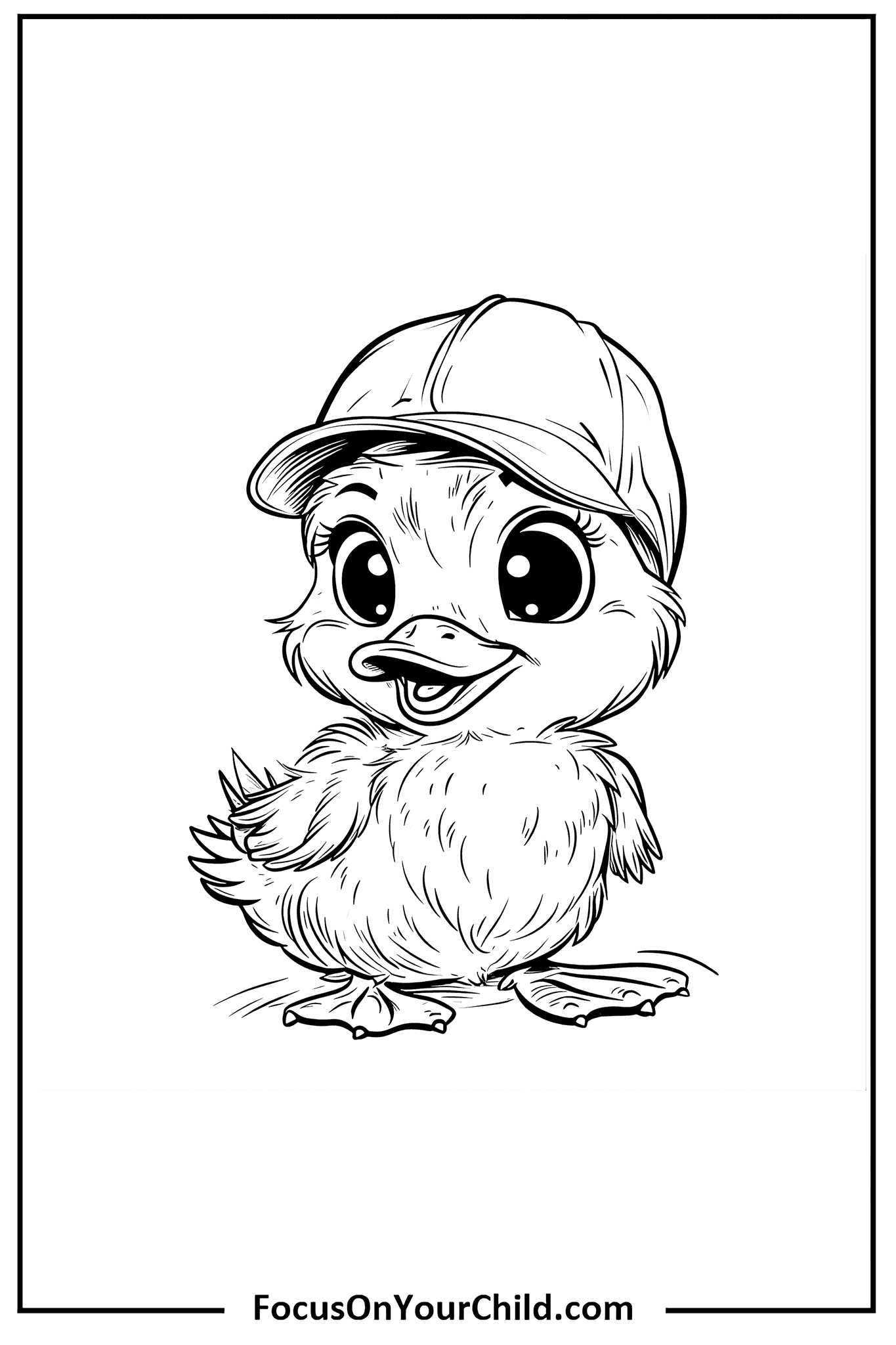 Anthropomorphized chick illustration with cap, perfect for childrens coloring activities.