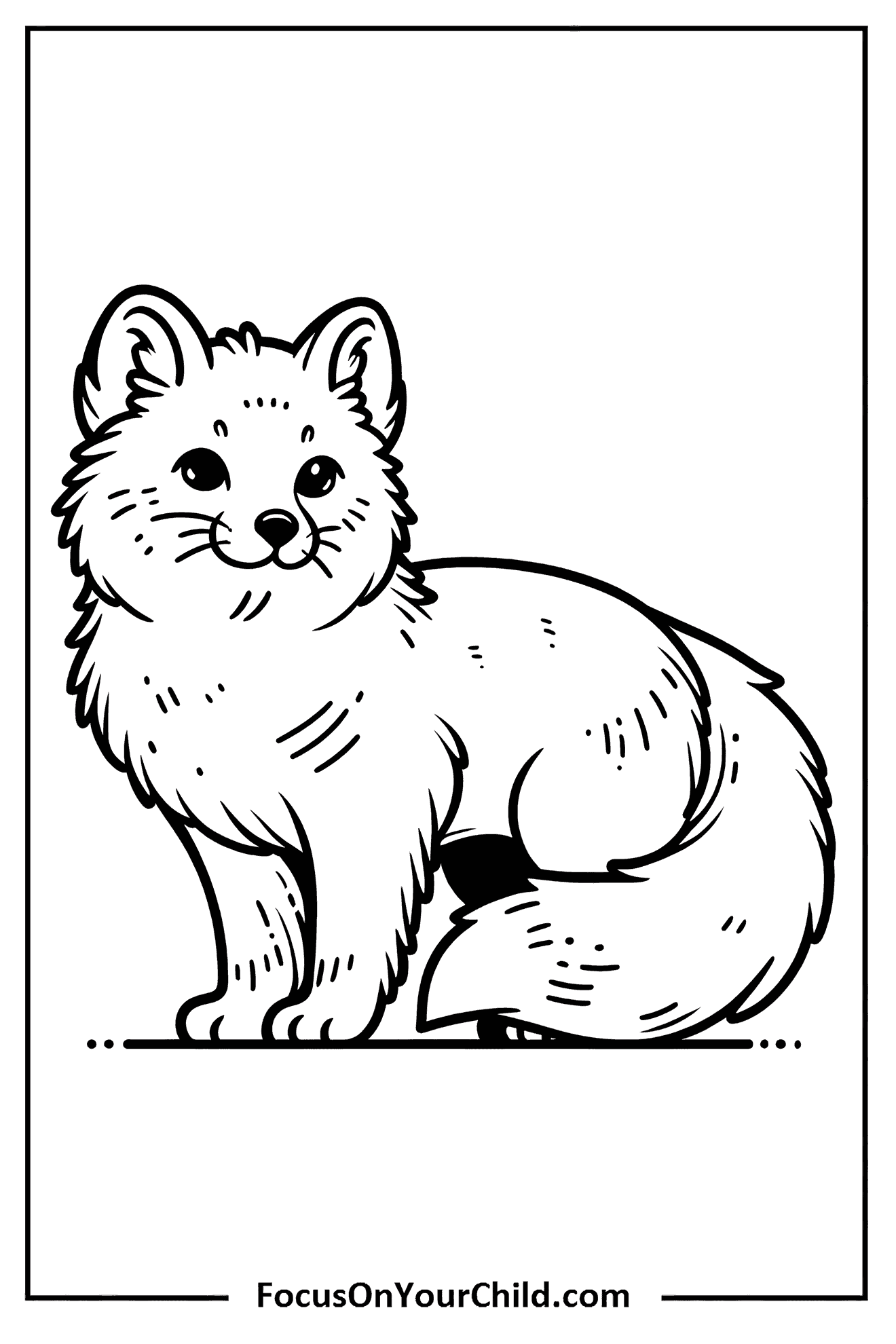 Arctic fox line drawing, fluffy and adorable, perfect for childrens educational content.