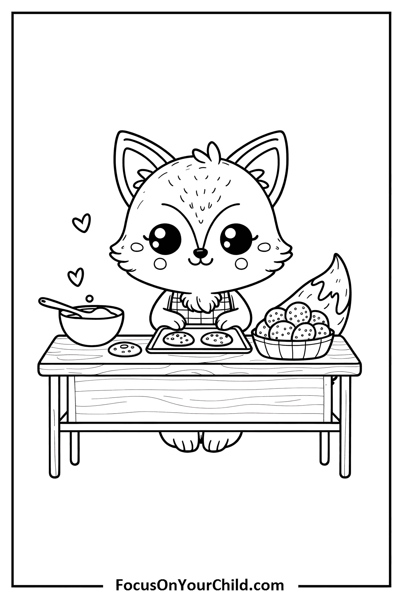 Adorable fox baking cookies in a rustic kitchen.