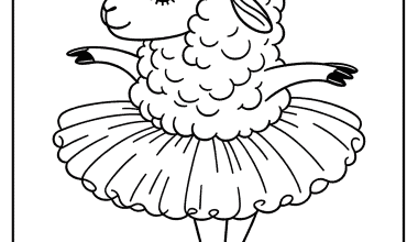 Ballerina sheep in tutu dancing gracefully, captured in detailed black and white line drawing.