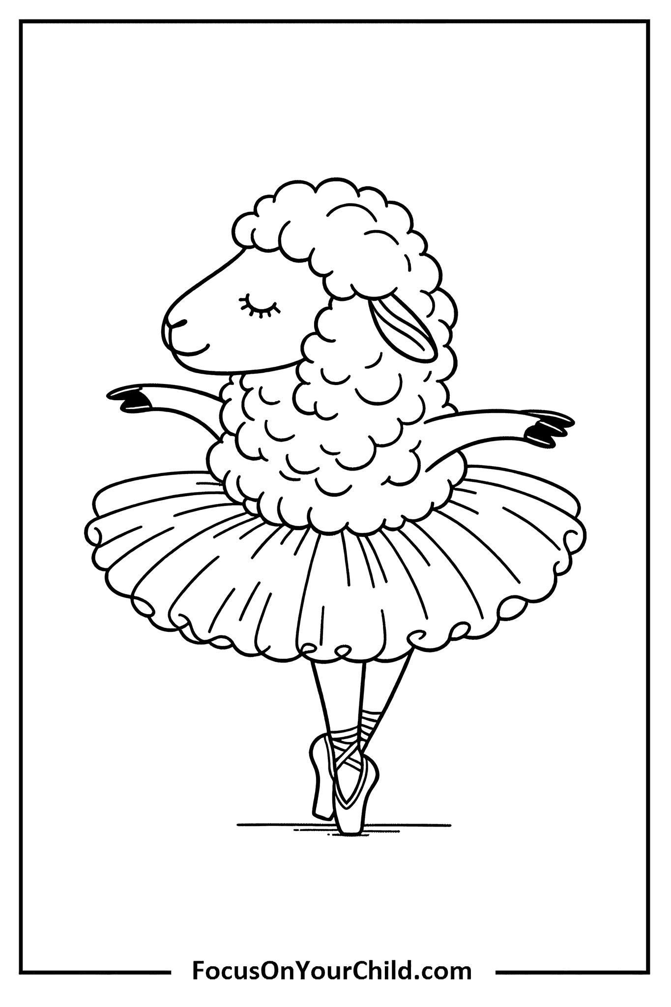 Ballerina sheep in tutu dancing gracefully, captured in detailed black and white line drawing.