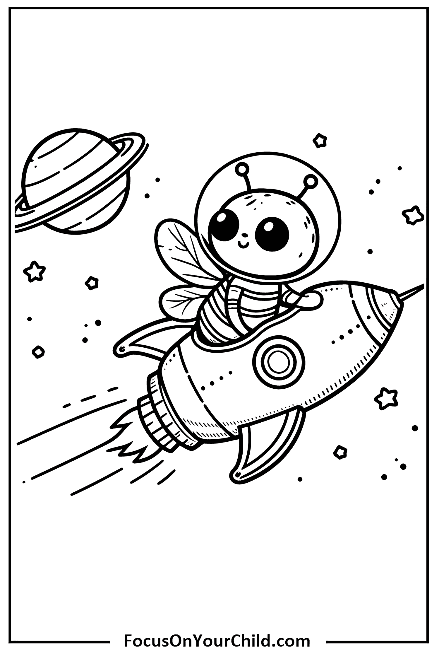 Adorable astronaut bee riding rocket in space illustration for childrens coloring book.