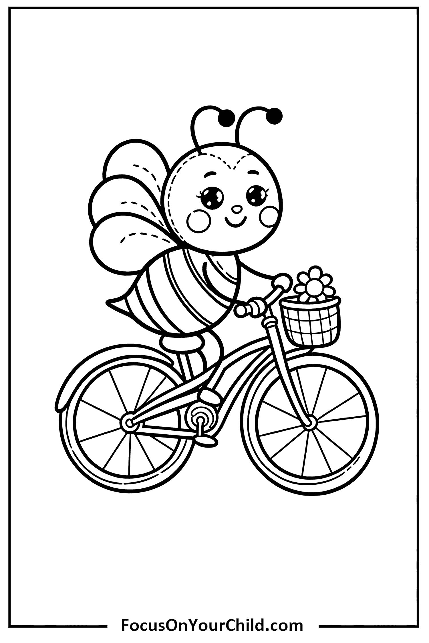 Charming bee on bicycle with flowers, ideal for childrens coloring activities.