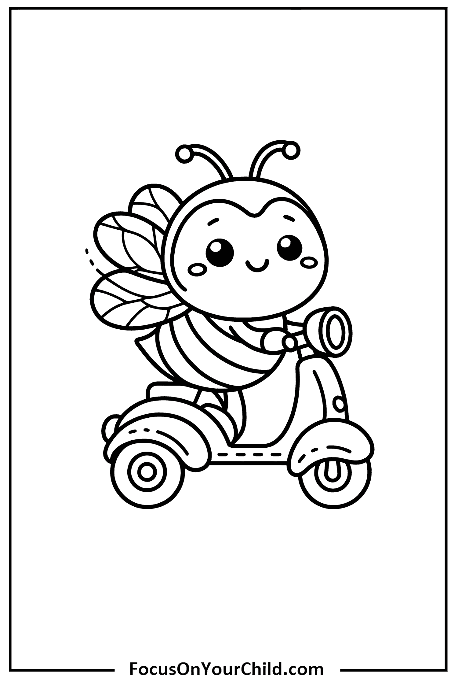 Whimsical bee character riding a scooter in a childrens coloring book.