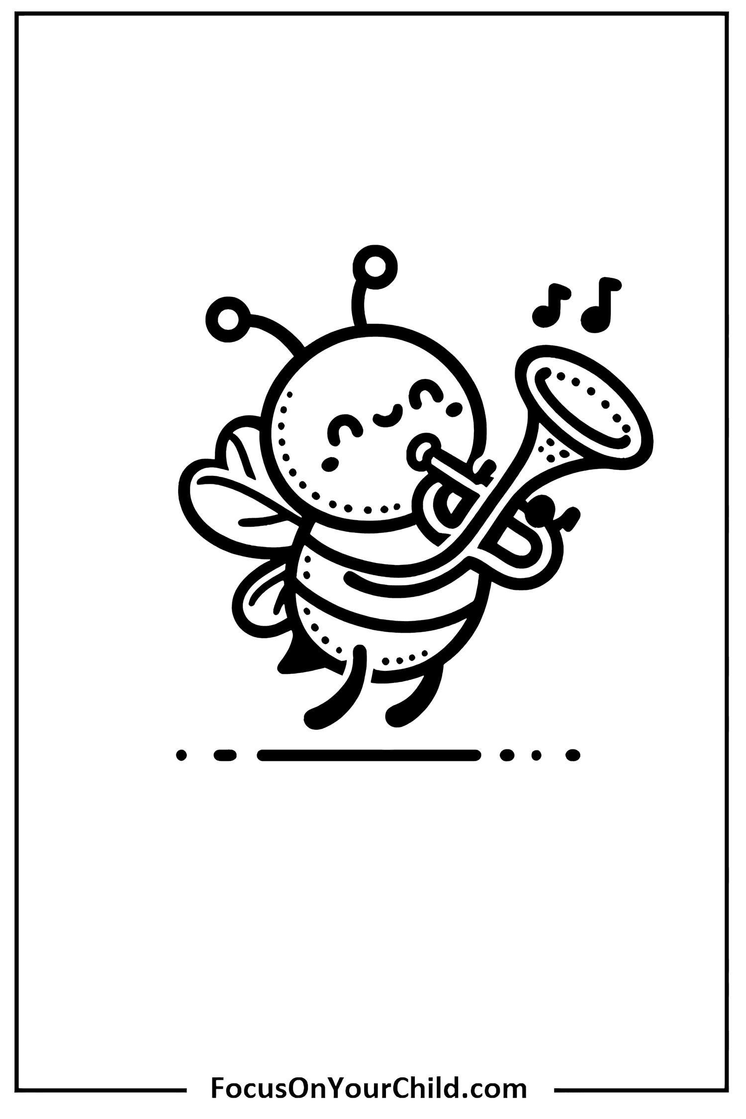Whimsical bee playing trumpet in cartoon style for childrens educational website.