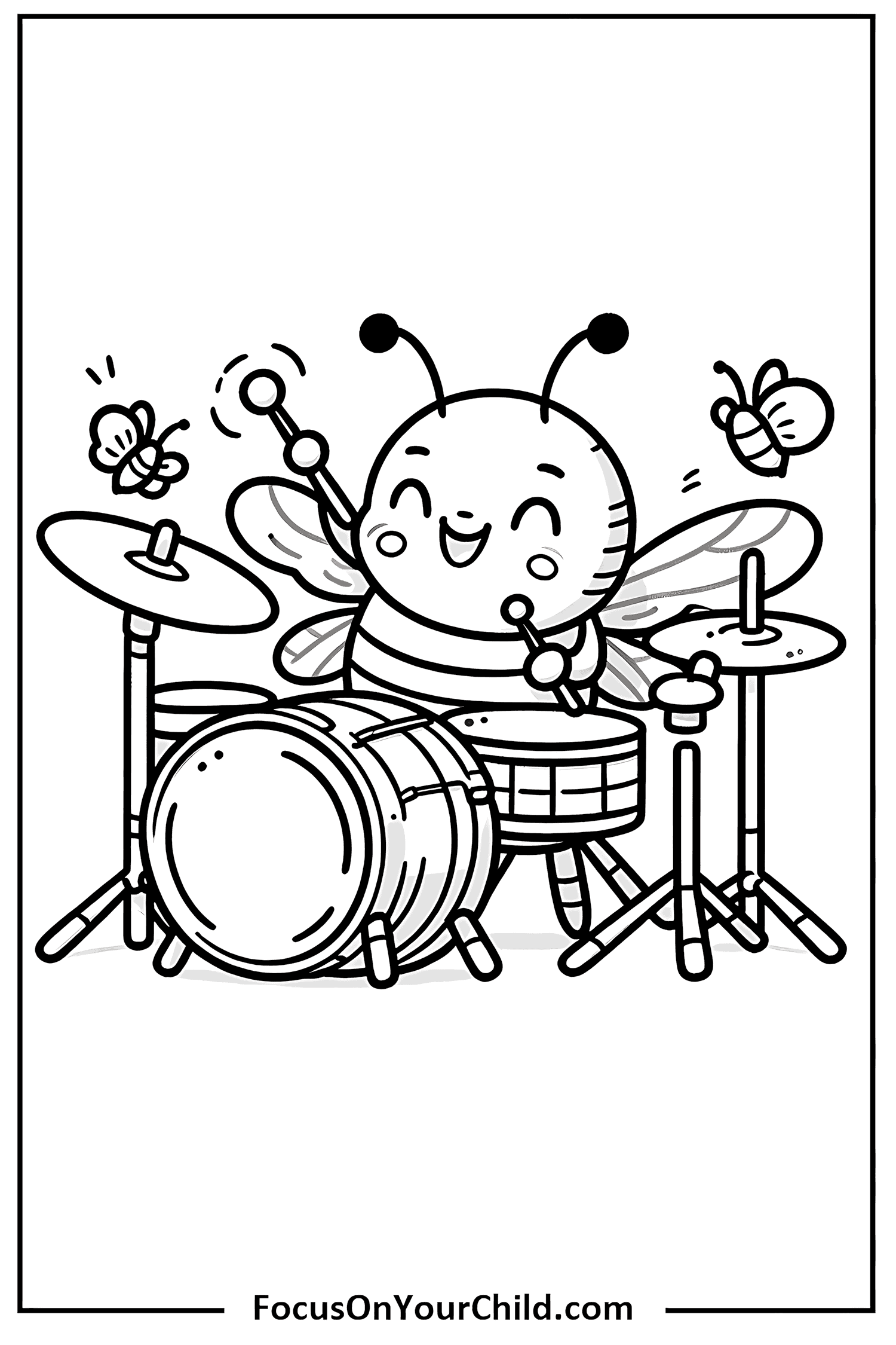 Cheerful bee playing drum set in black and white line drawing.