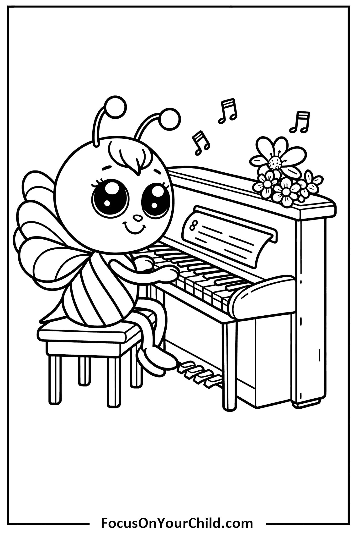 Bee Playing Piano Cartoon Illustration for Childrens Coloring Page.