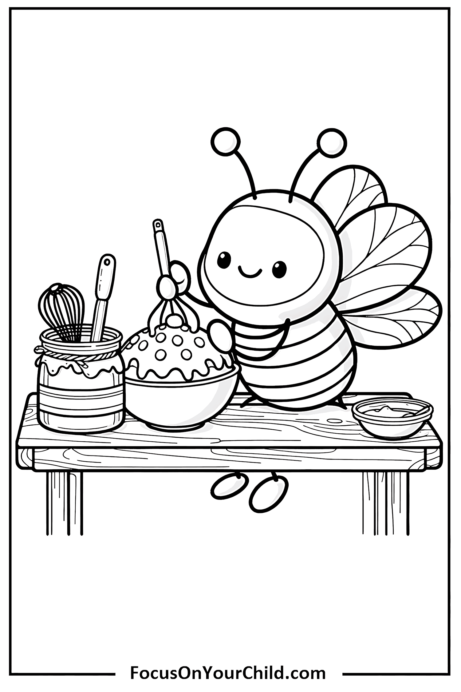Cartoon bee baking with mixing bowl and kitchen utensils.