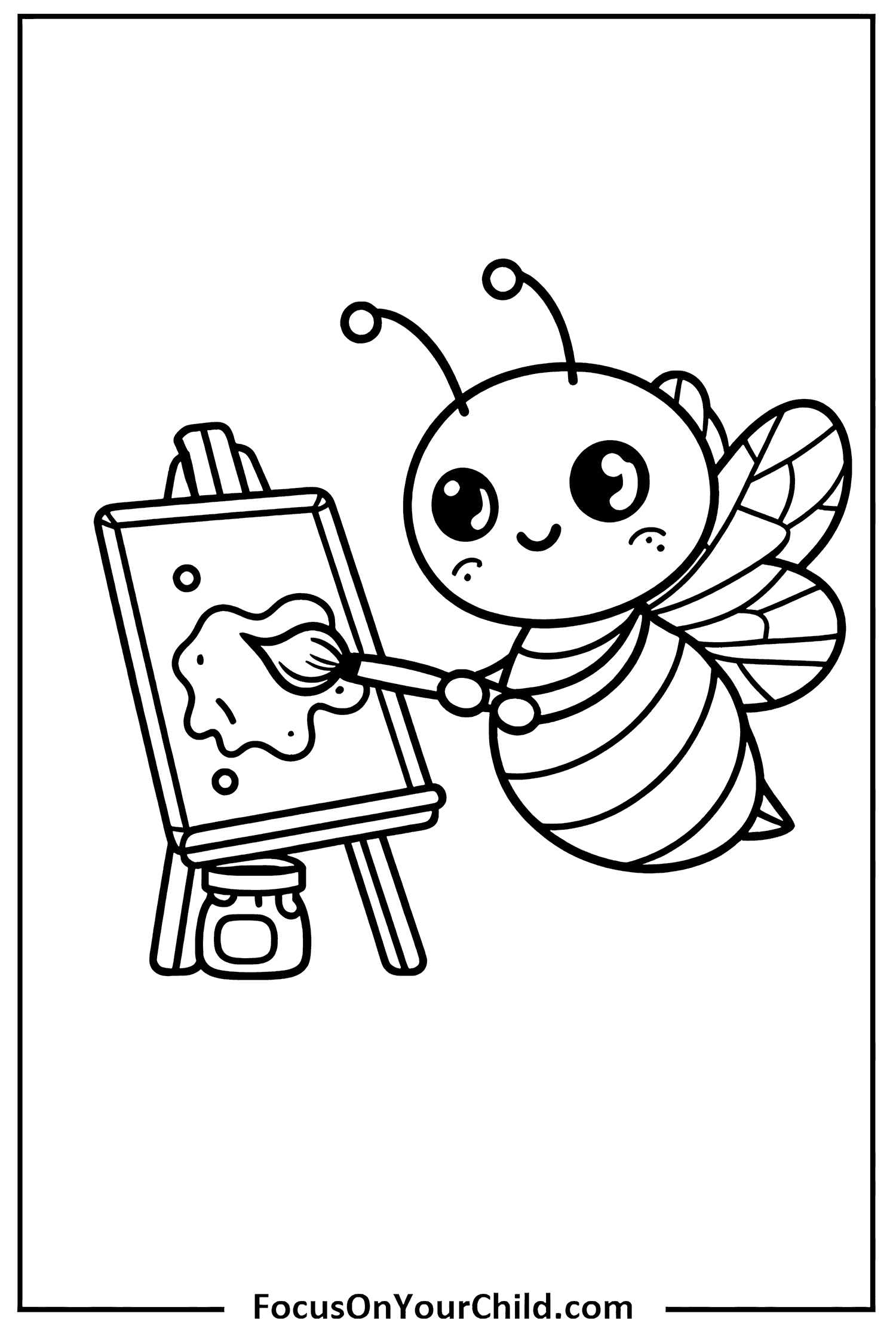 Whimsical cartoon bee painting on canvas for childrens coloring activity.