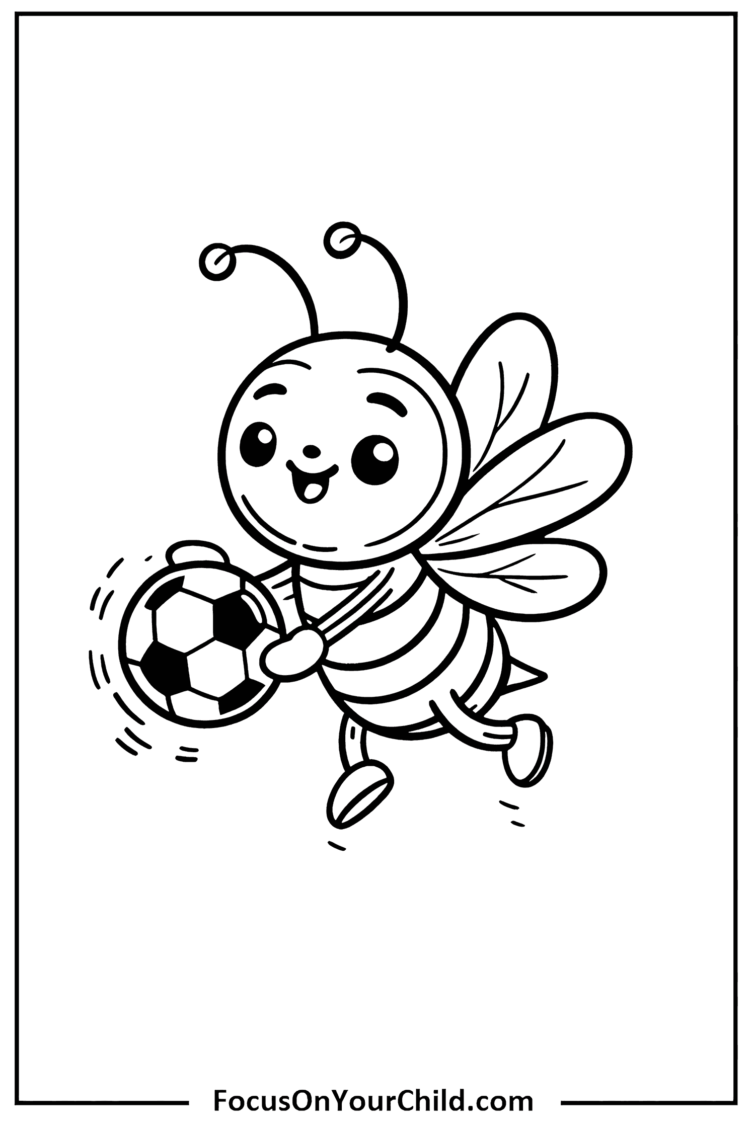 Bee playing soccer in a cheerful cartoon illustration.