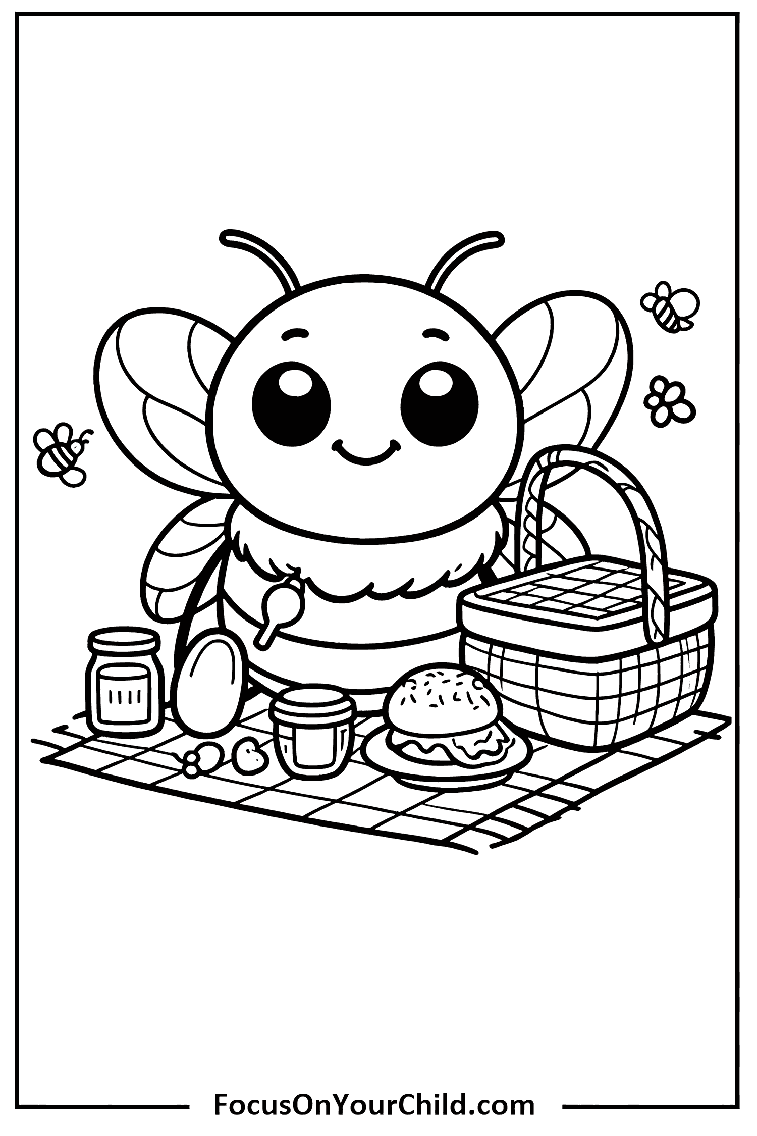 Cheerful bee enjoying a picnic with jars of honey, sandwich, and apples.