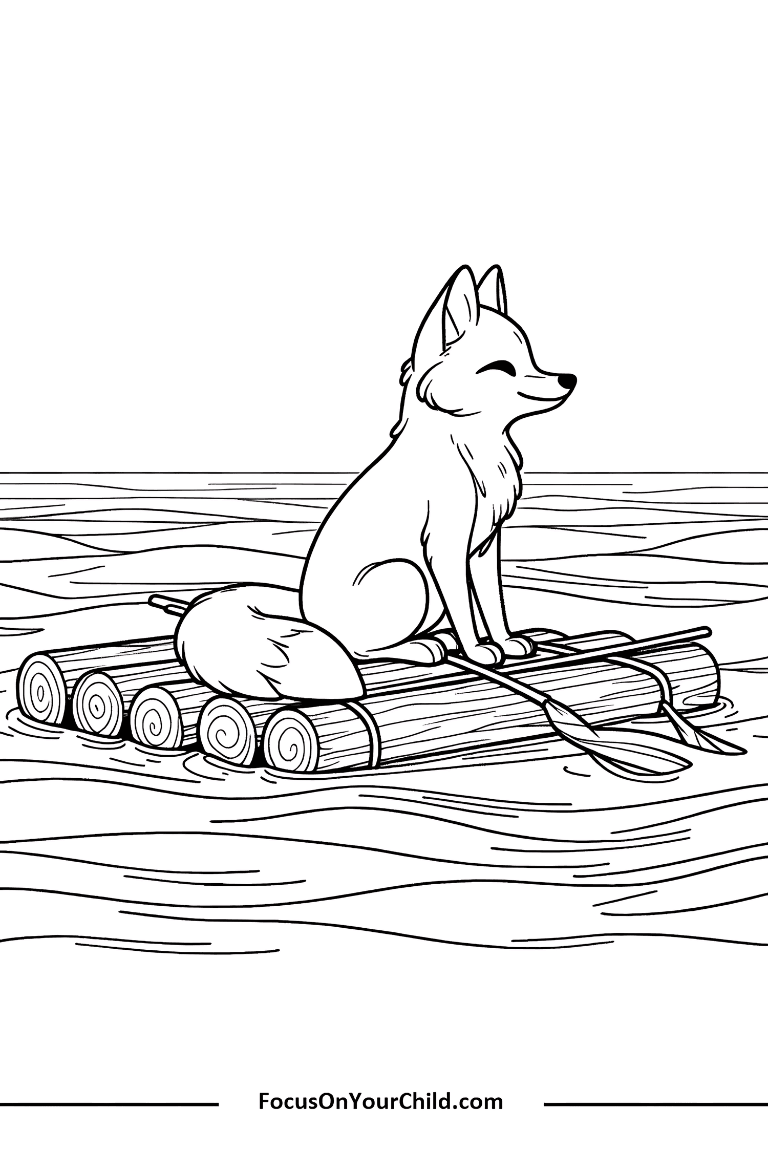 Cartoon fox on raft in calm water, promoting FocusOnYourChild.com.