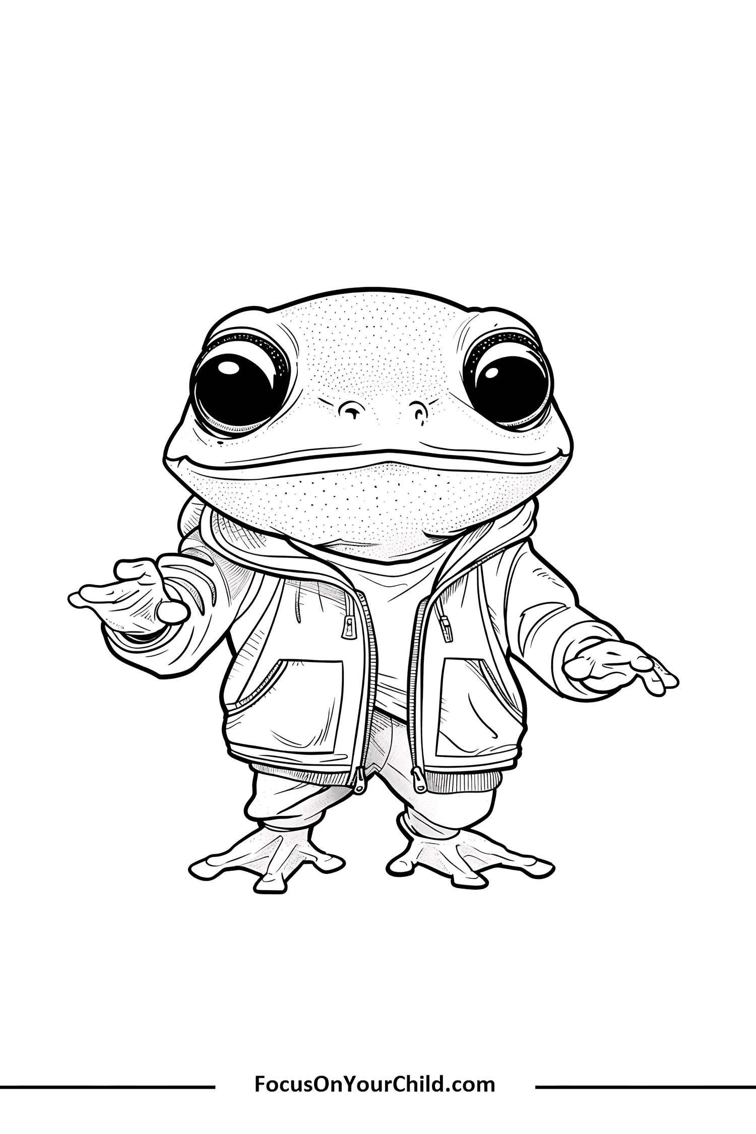 Detailed anthropomorphic frog character in casual human clothing, standing against a white background.