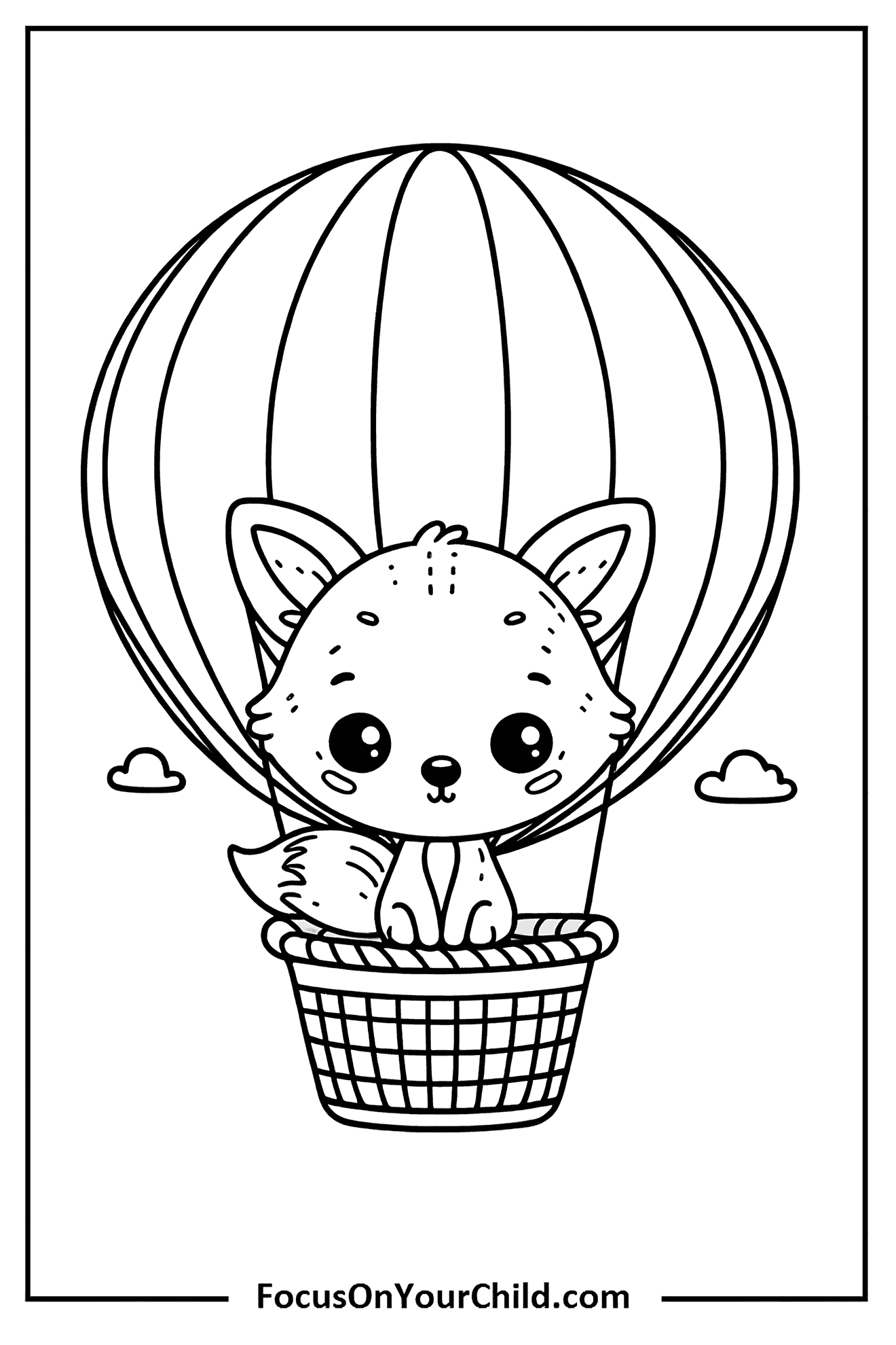 Charming fox in hot air balloon basket illustration for childrens adventure website.
