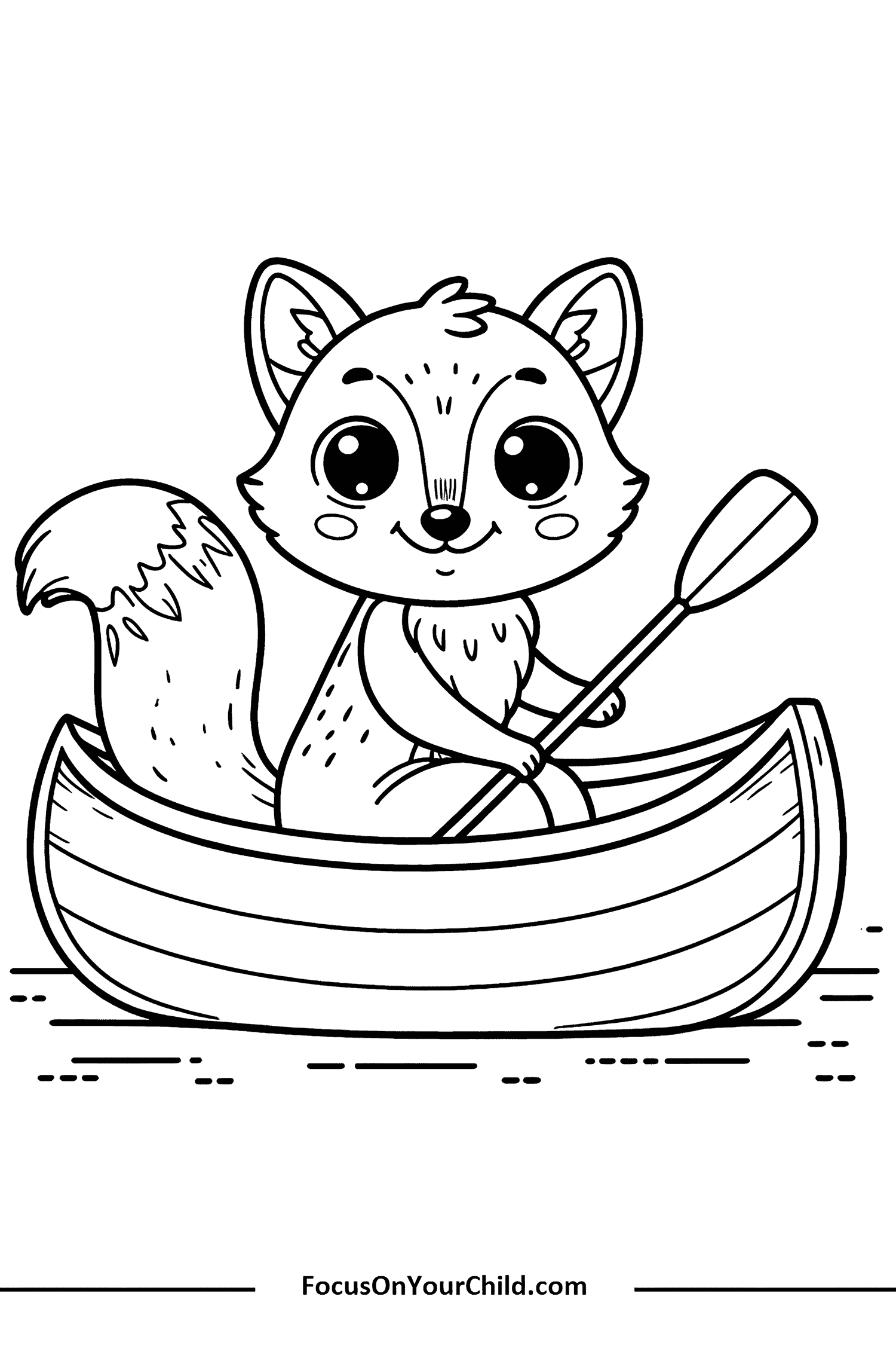 Charming cartoon fox rowing a boat on calm water.