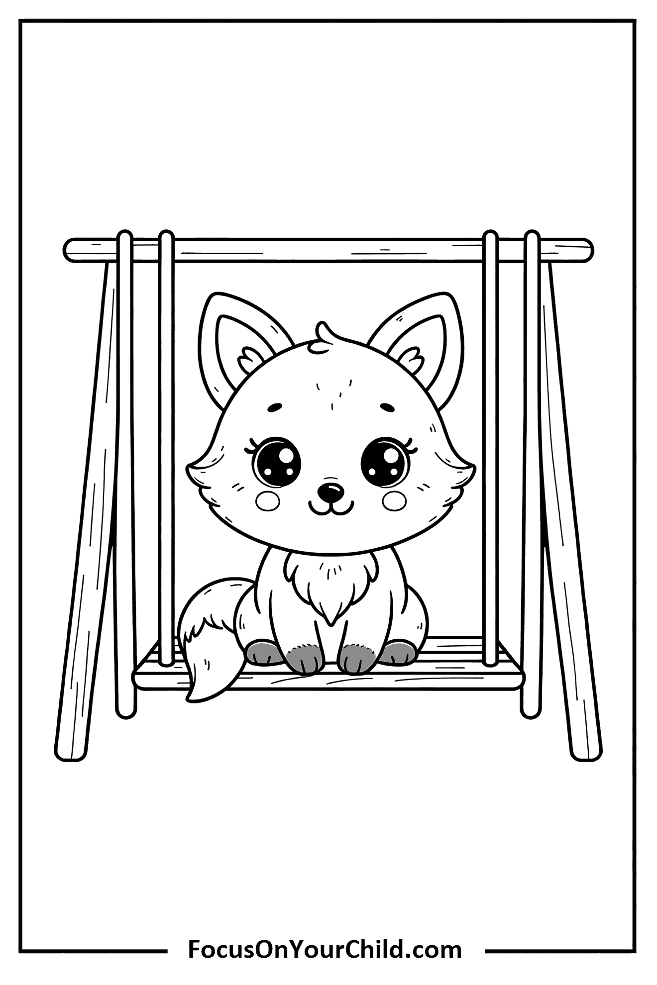 Cute fox on swing, charmingly drawn, with FocusOnYourChild.com text at bottom.