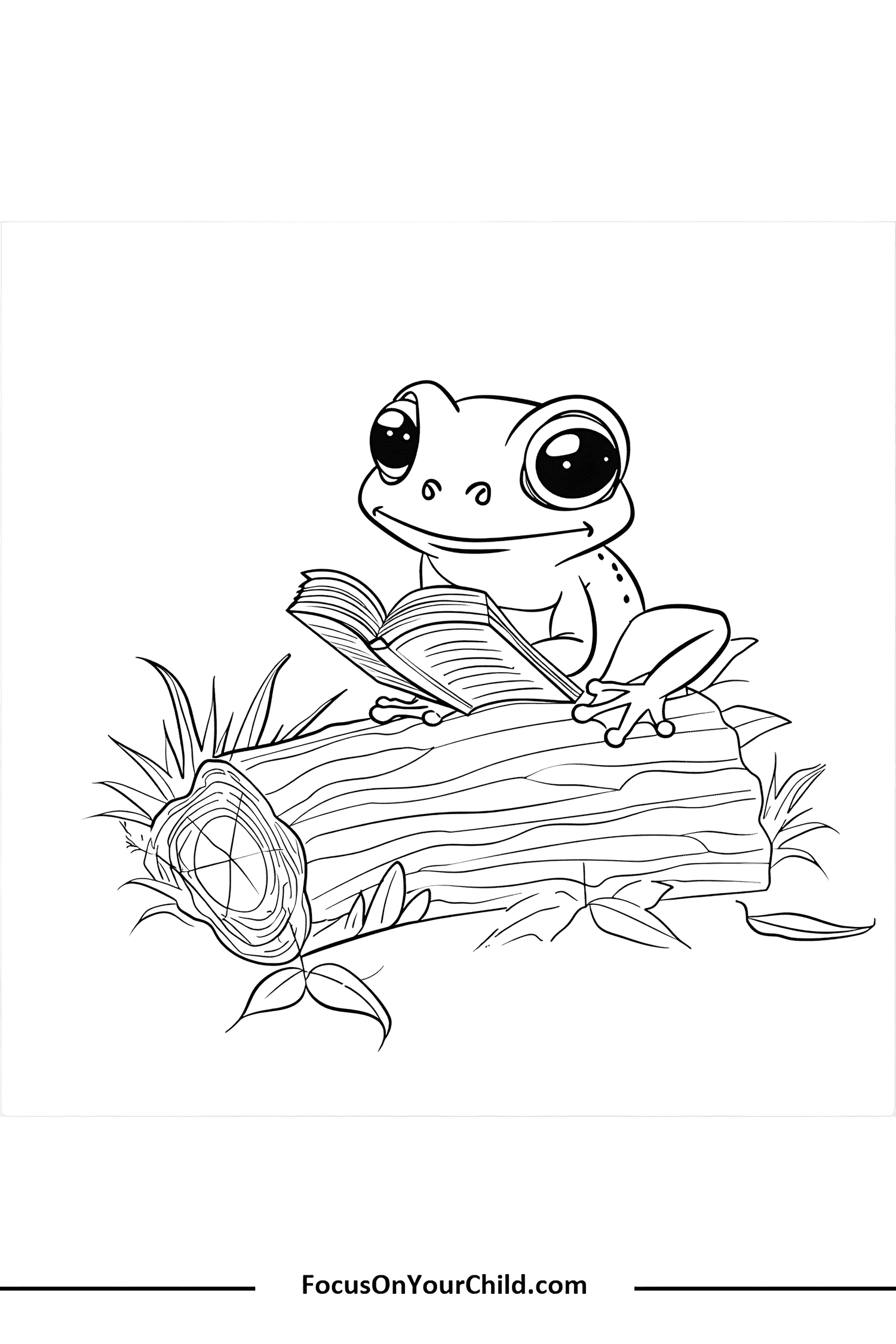 Charming frog reading a book on a log in a forest setting.