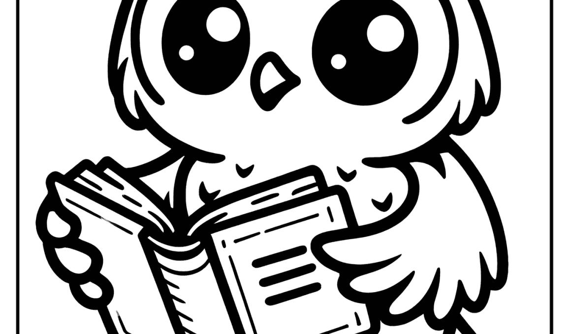Cartoon owl reading book illustration for educational children’s website.