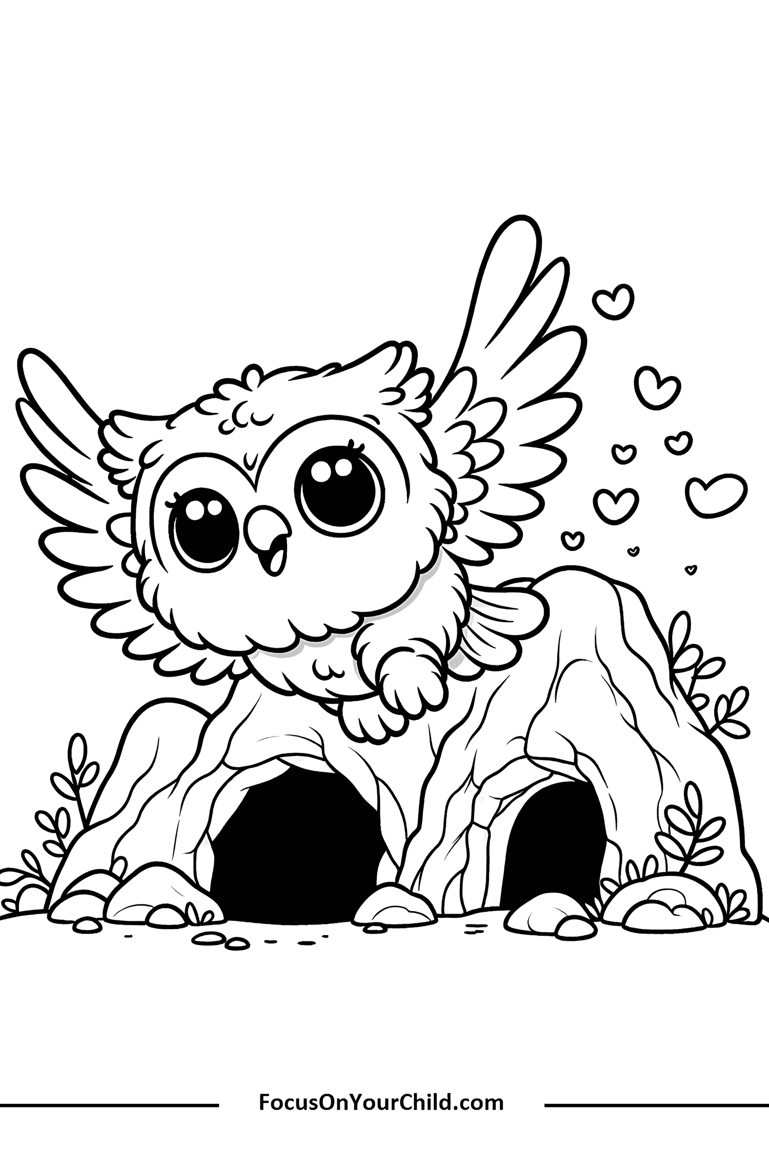 Cute cartoon owl on rock with hearts, for childrens content.