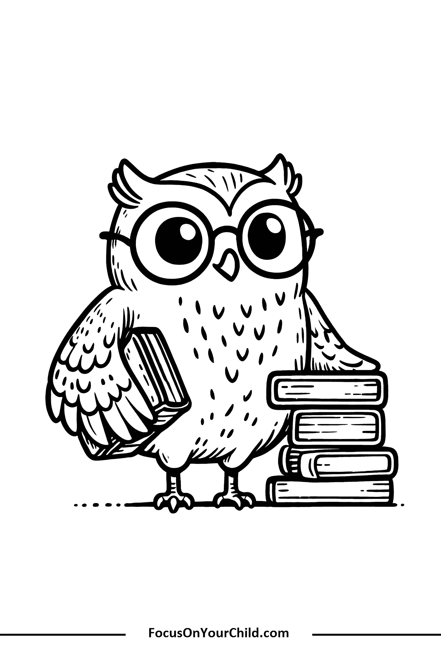 Charming owl with books for coloring from FocusOnYourChild.com.