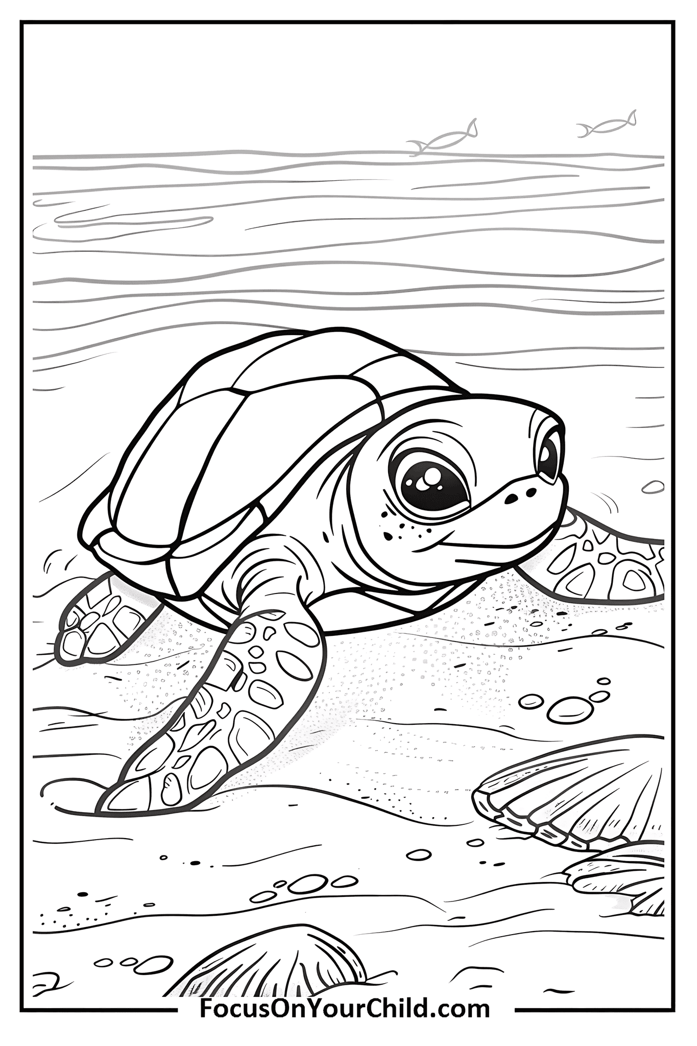 Young sea turtle on sandy beach heading towards ocean.