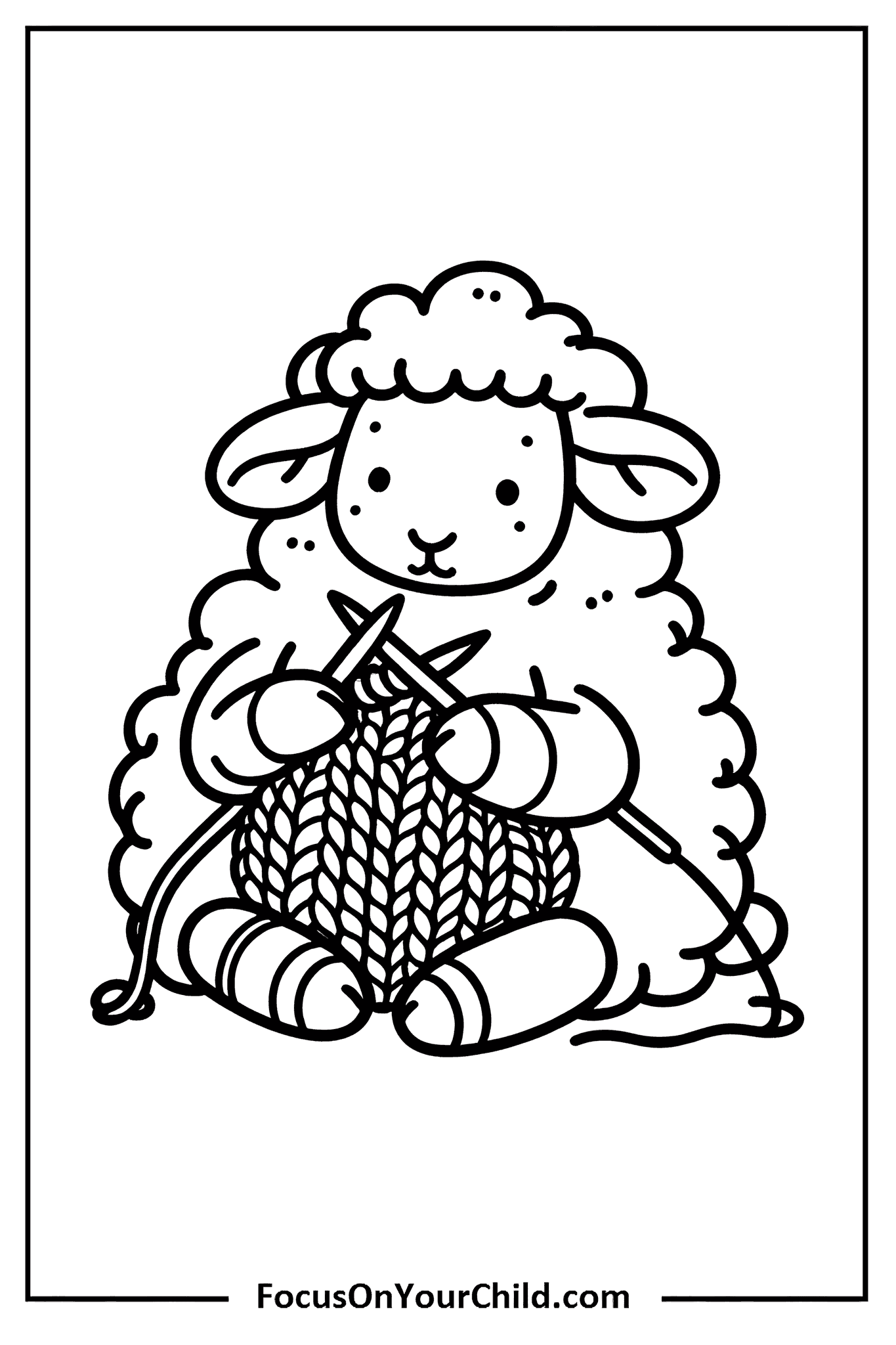 Charming cartoon sheep knitting cozy scarf.