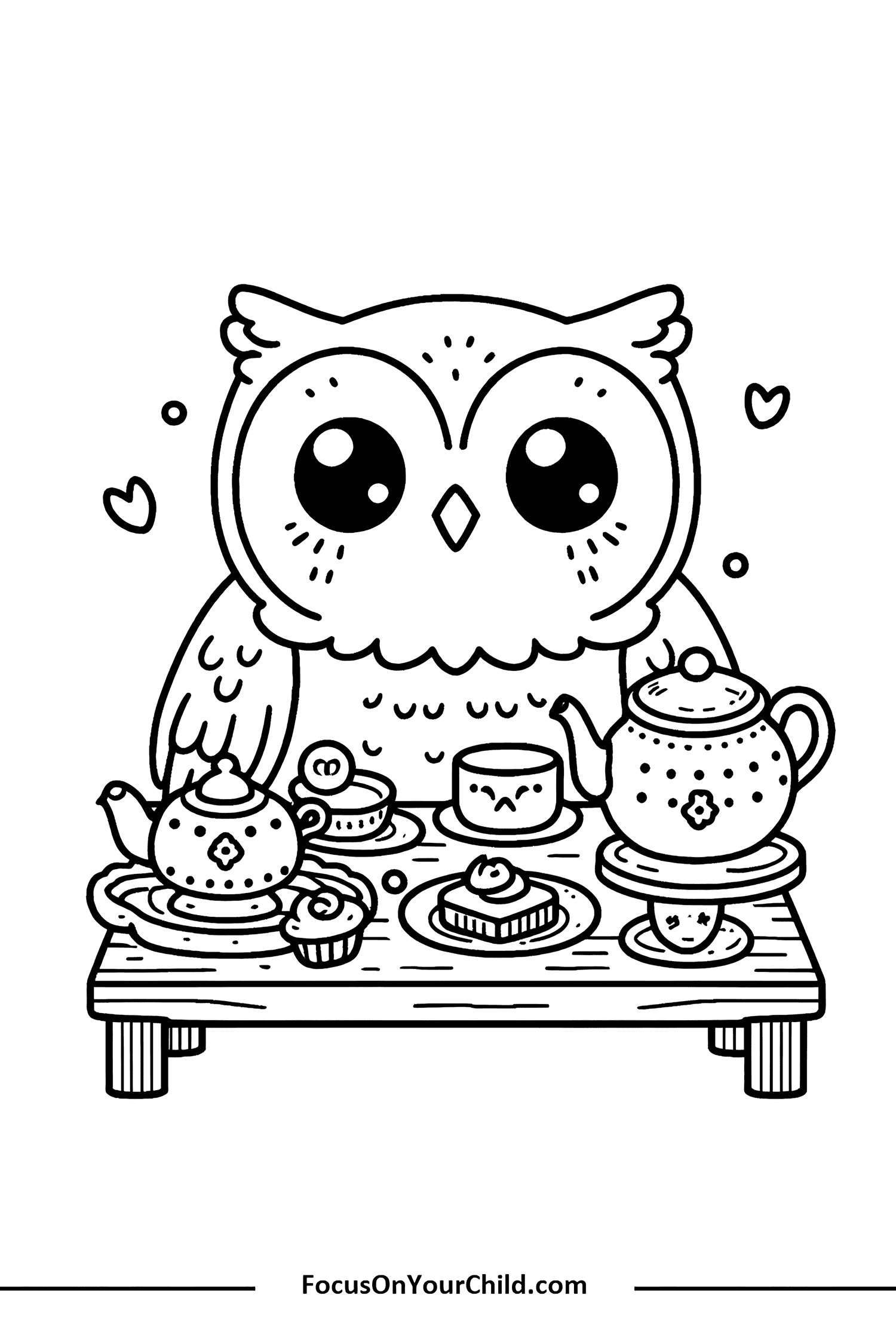 Charming cartoon owl enjoying a tea party with treats and heart shapes.