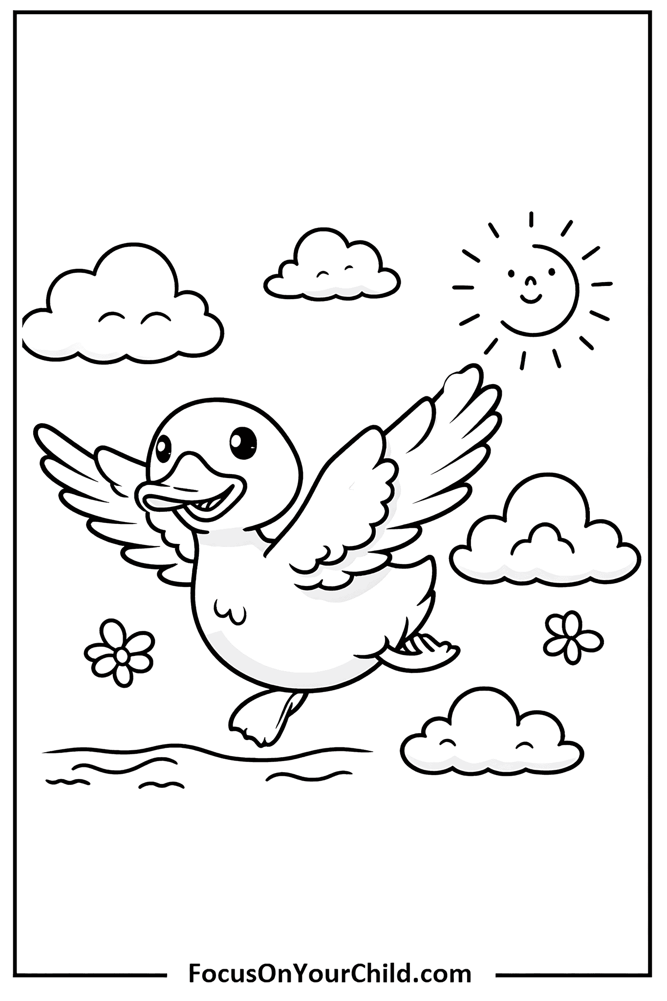 Cheerful duck flying under the sun in a coloring book page.