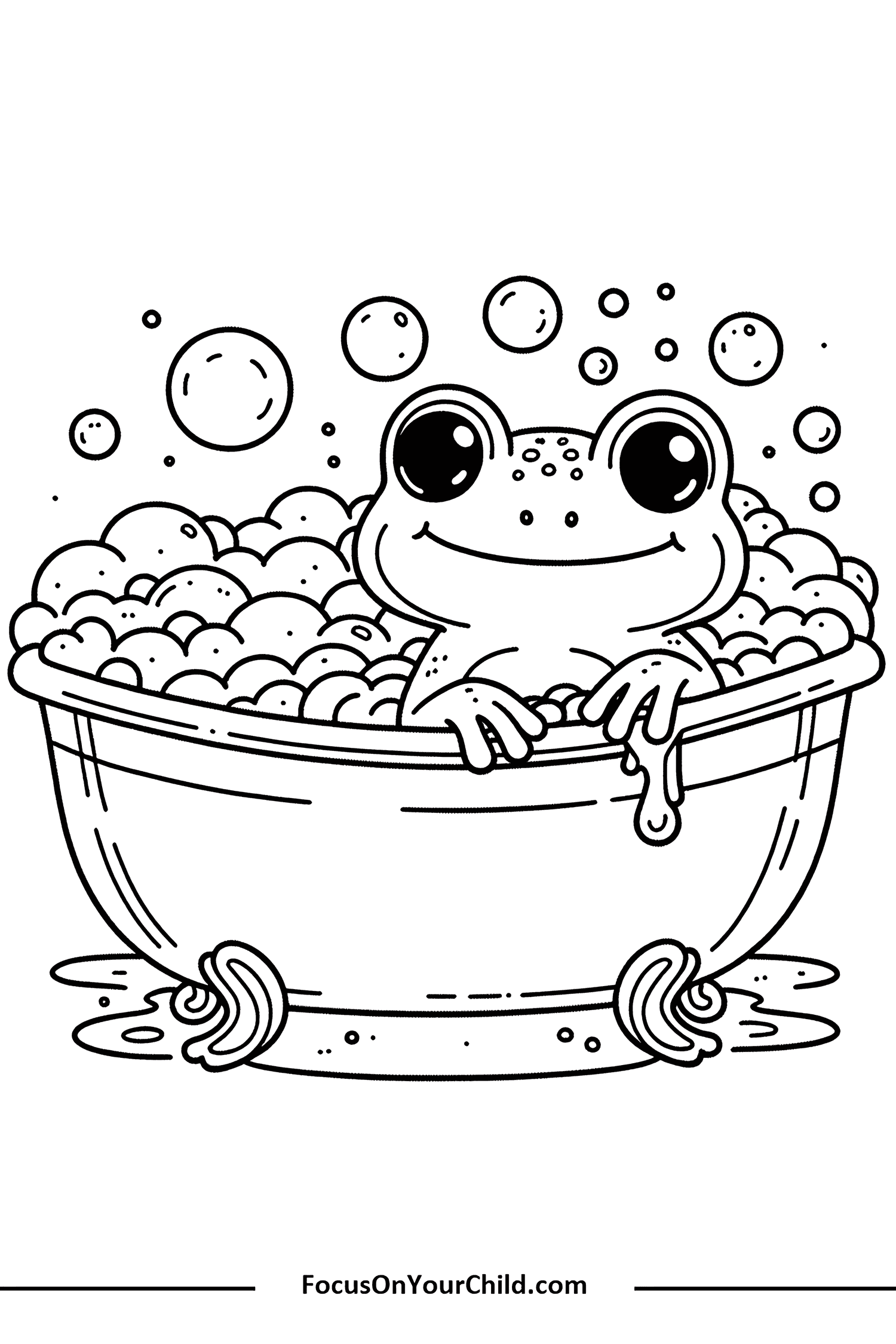 Cheerful frog enjoying a bubbly bath in a round tub.