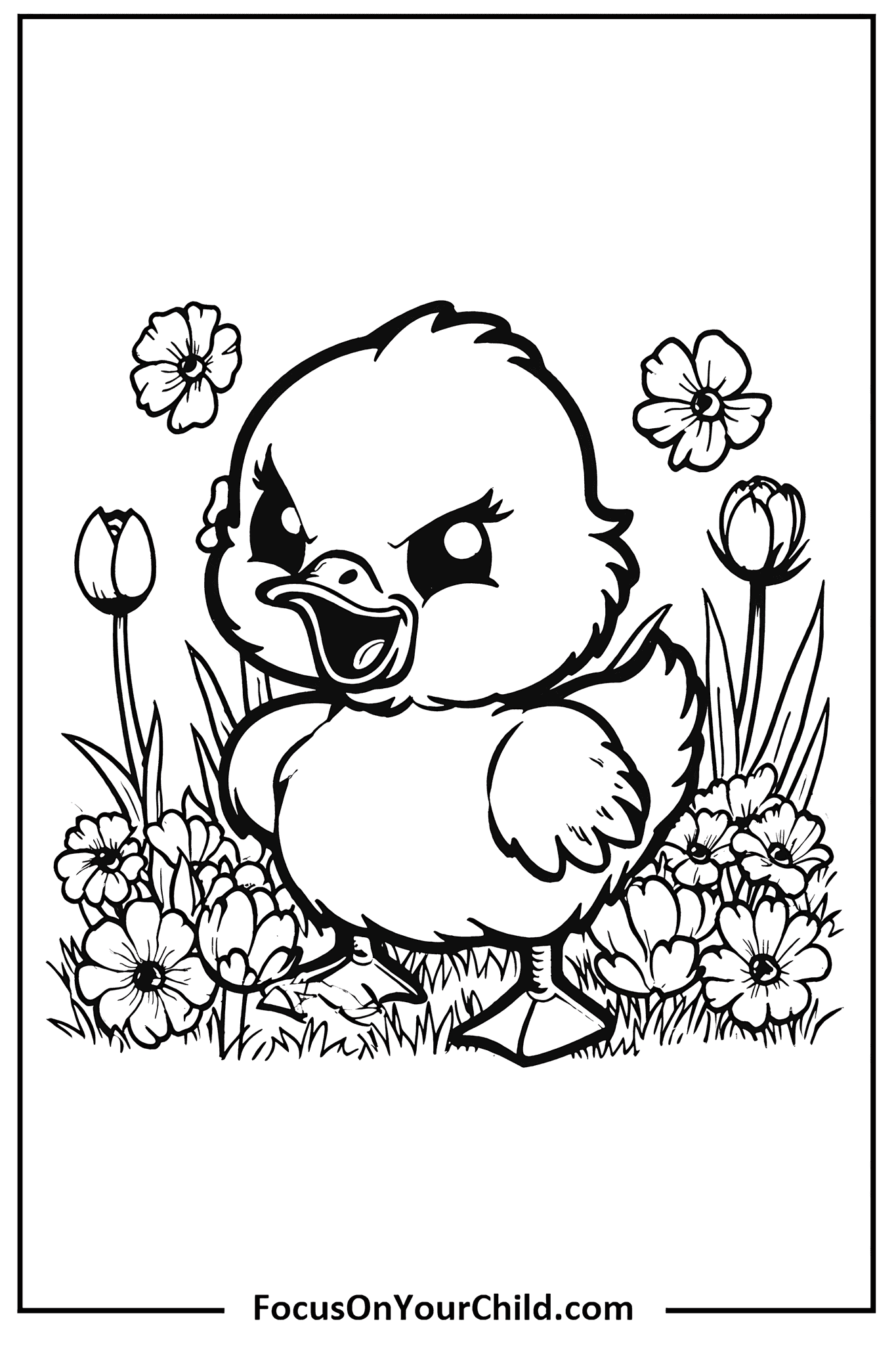 Cute chick in garden coloring page for kids on FocusOnYourChild.com.
