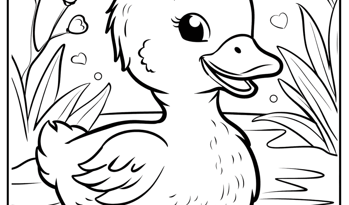 Cute duckling coloring page for children with nature elements by FocusOnYourChild.com.