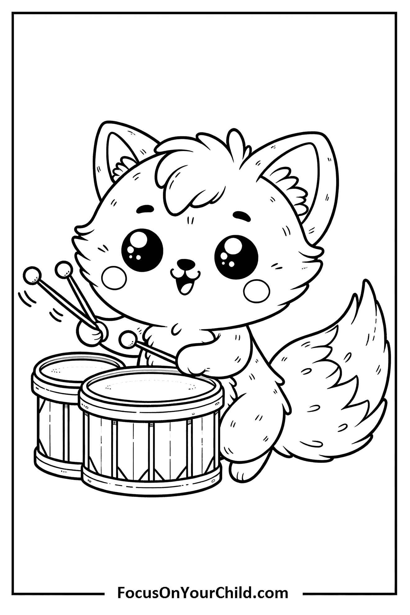 Cute fox playing drums in black-and-white cartoon illustration.