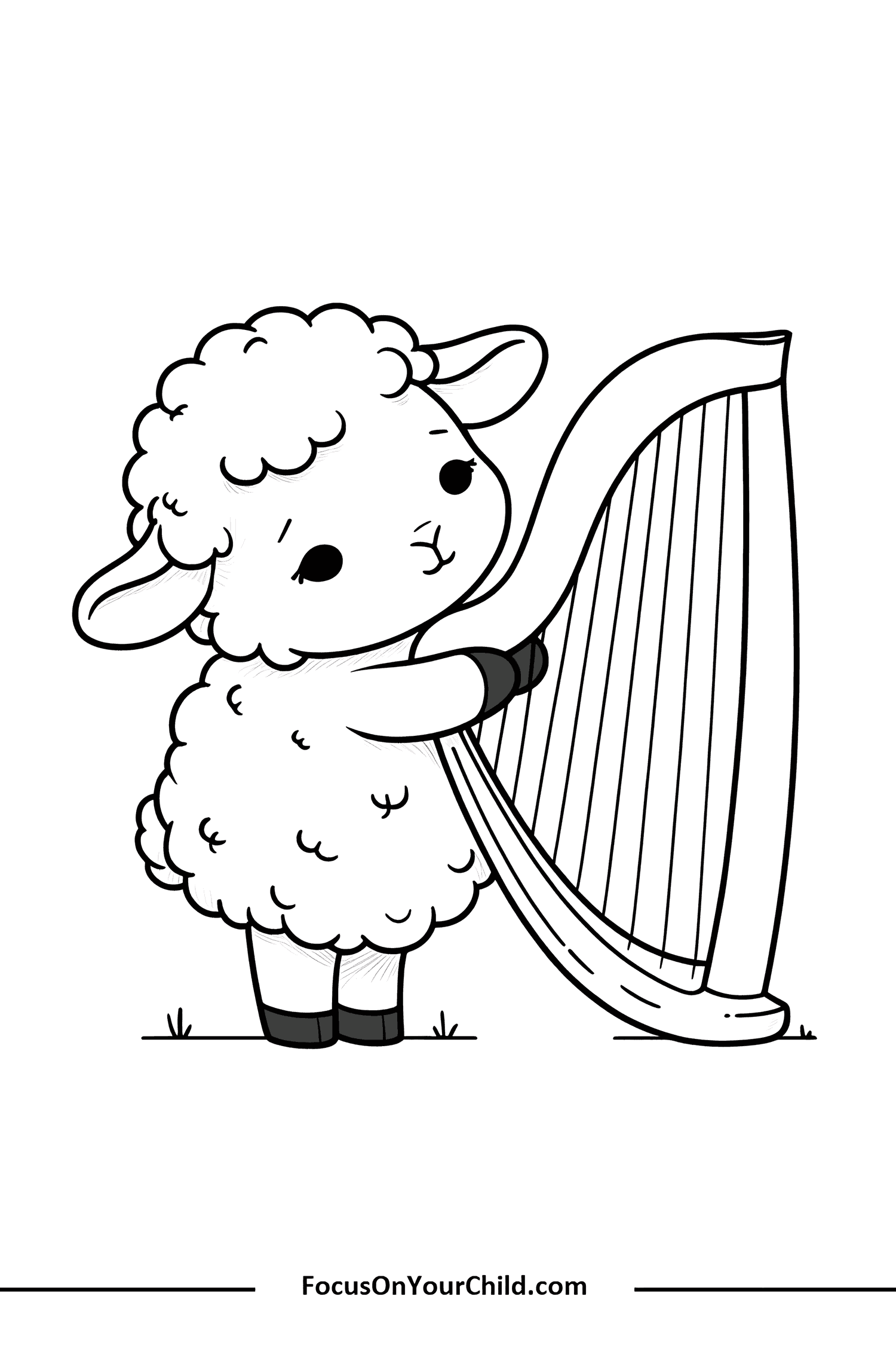 Cute lamb playing harp on grassy field for childrens content.