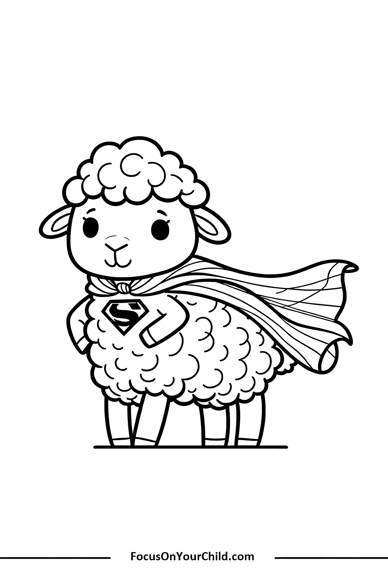 Cute lamb superhero in black and white outline drawing for childrens coloring page.