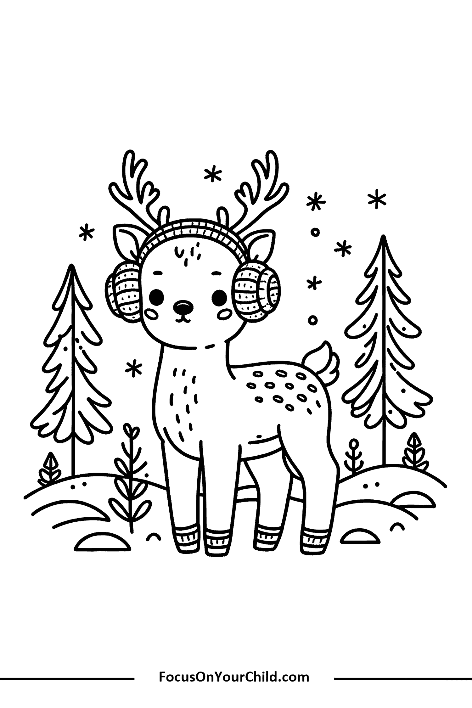 Adorable cartoon reindeer in forest setting, perfect for coloring activities.