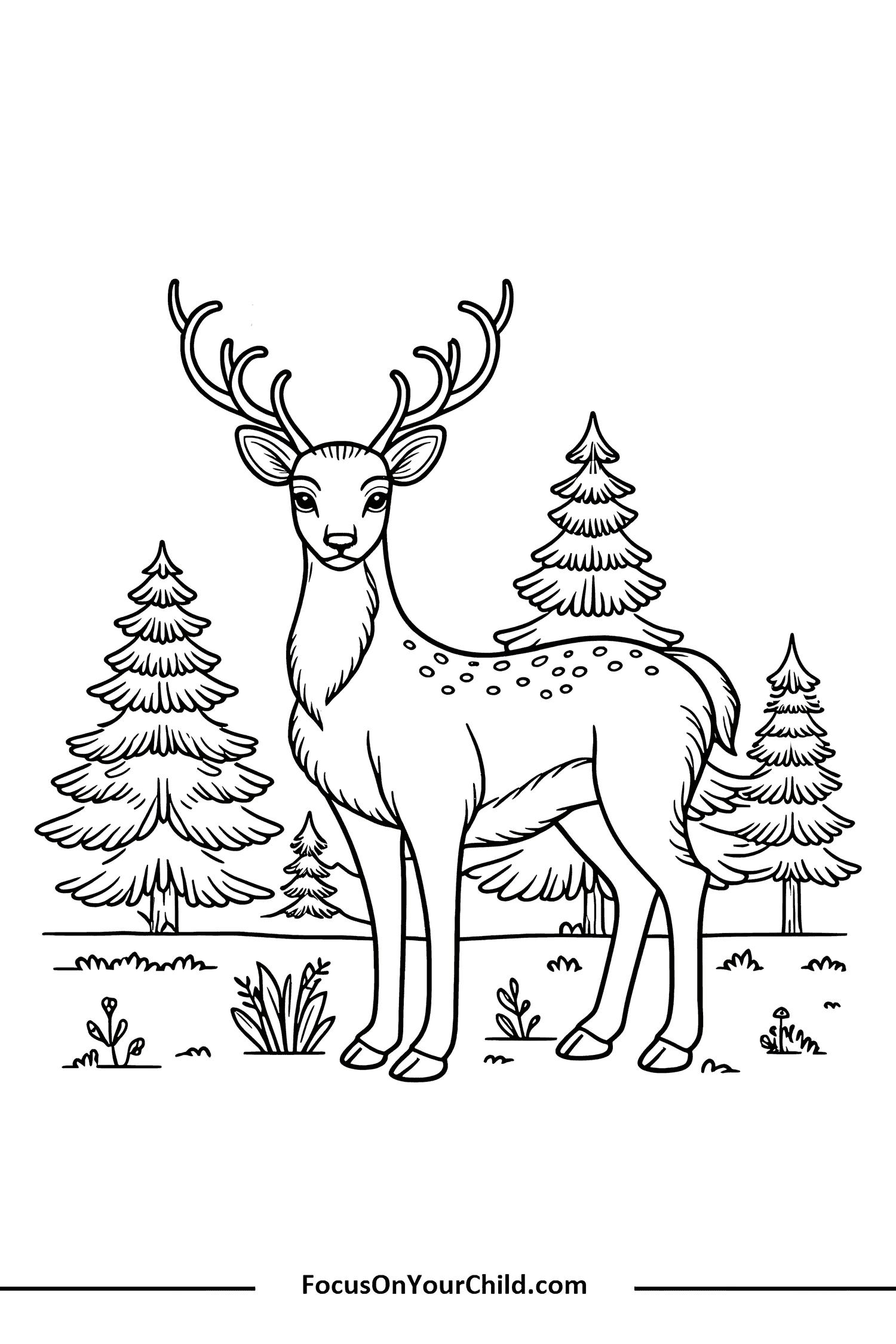 Stylized deer coloring page for kids from FocusOnYourChild.com.